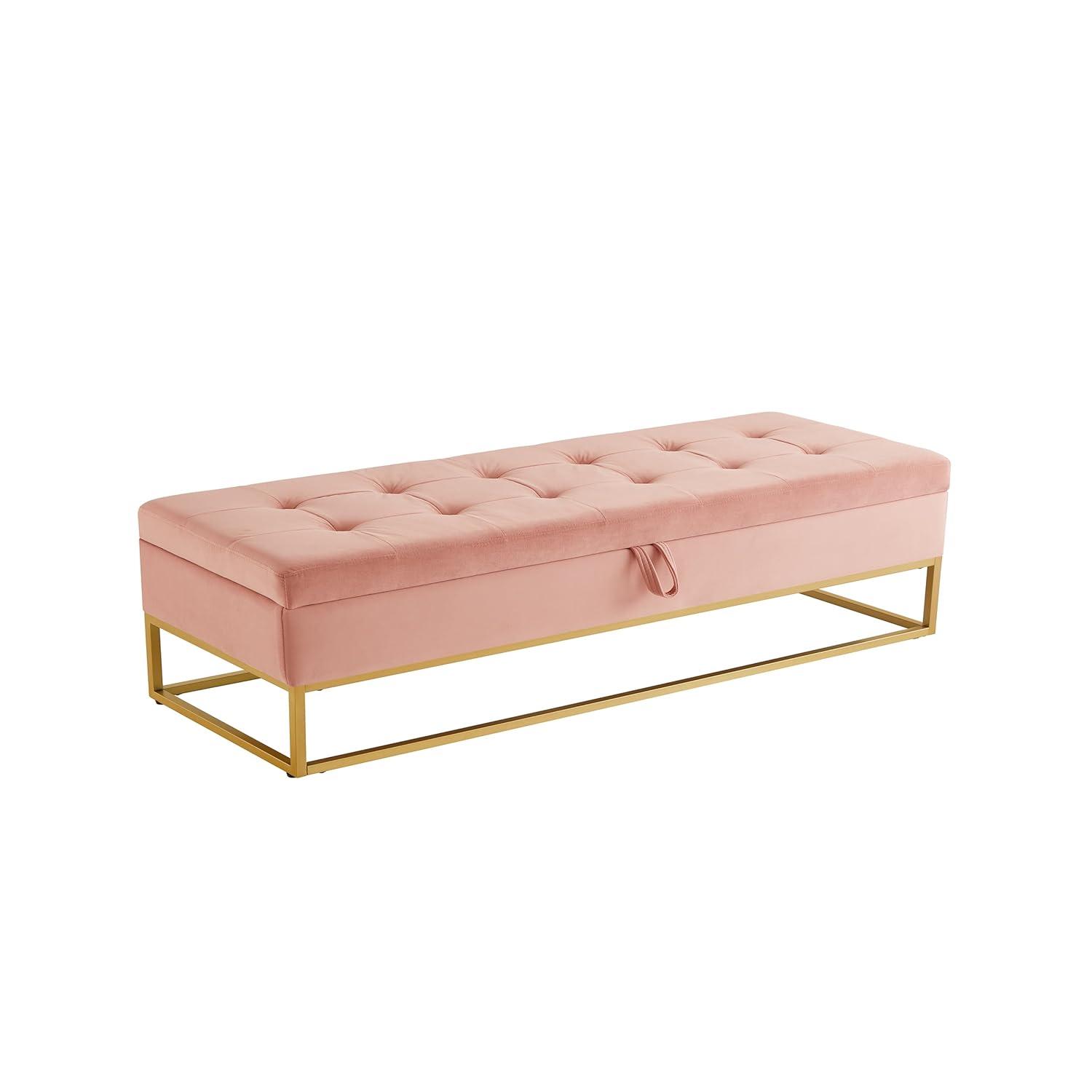 58.6" End of Bed Bench, Storage Bench with Metal Base Holds up to 500 lbs, Button Tufting Design Velvet Upholstered Bedroom Bench for End of Bed, Livingroom, Entryway, Window, Pink