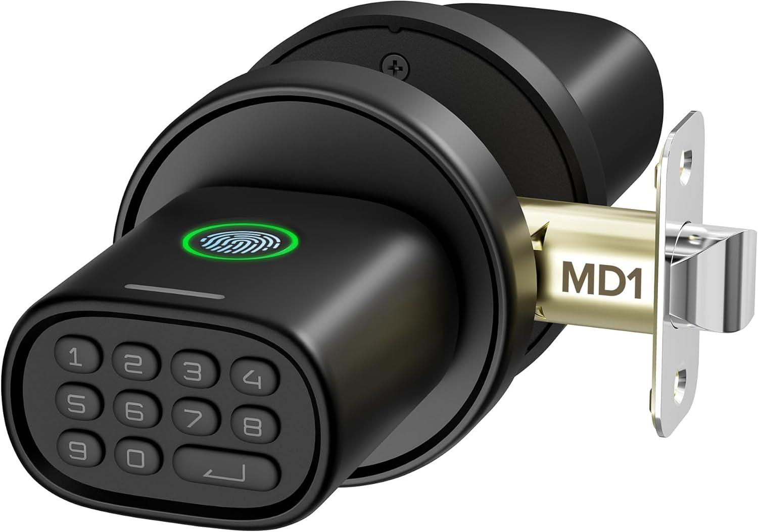 Keyless Entry Door Lock, Fingerprint Door Lock With Keypad Biometric Door Handle, Automatic Locking, For Interior Doors Up To 2-1/4" Thick, Bedroom, Home Office, Garage, 4 AA Alkaline Batteries, MD1 Black