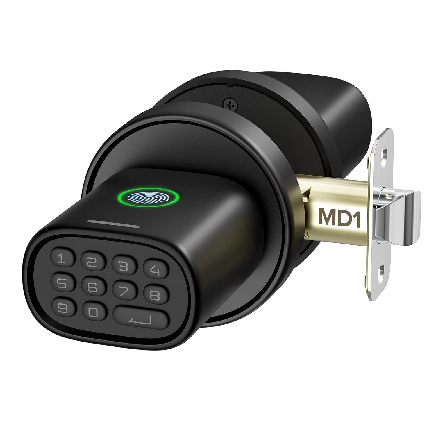 Keyless Entry Door Lock, Fingerprint Door Lock With Keypad Biometric Door Handle, Automatic Locking, For Interior Doors Up To 2-1/4" Thick, Bedroom, Home Office, Garage, 4 AA Alkaline Batteries, MD1 Black