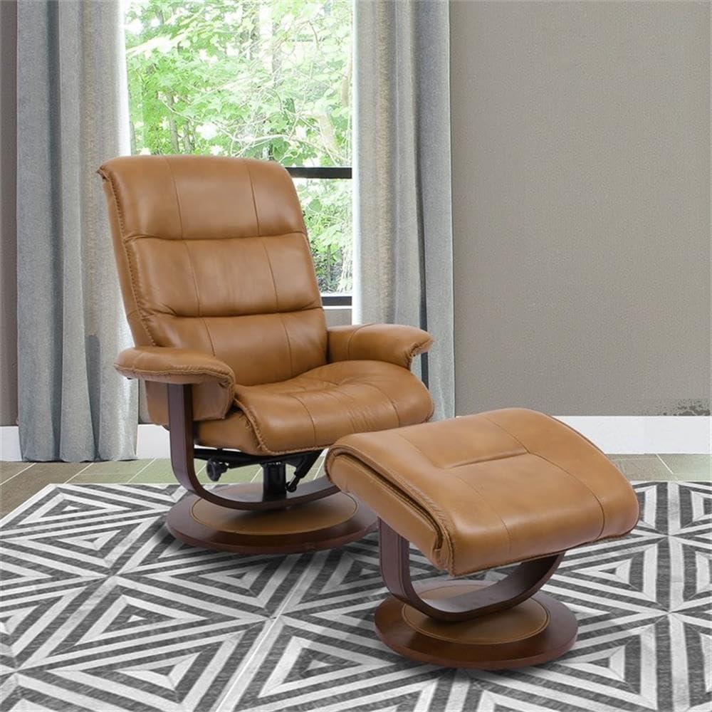 Butterscotch Leather Swivel Recliner with Ottoman and Wood Base