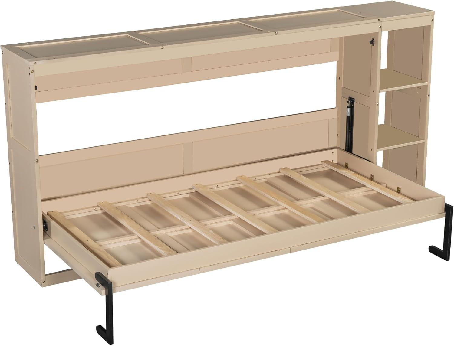 SOFTSEA Modern Murphy Bed Cabinet Bed with Bookshelf, Twin Size Foldable Platform Bed Frame with Storage Racks, for Home Guest Room Small Room, Natural