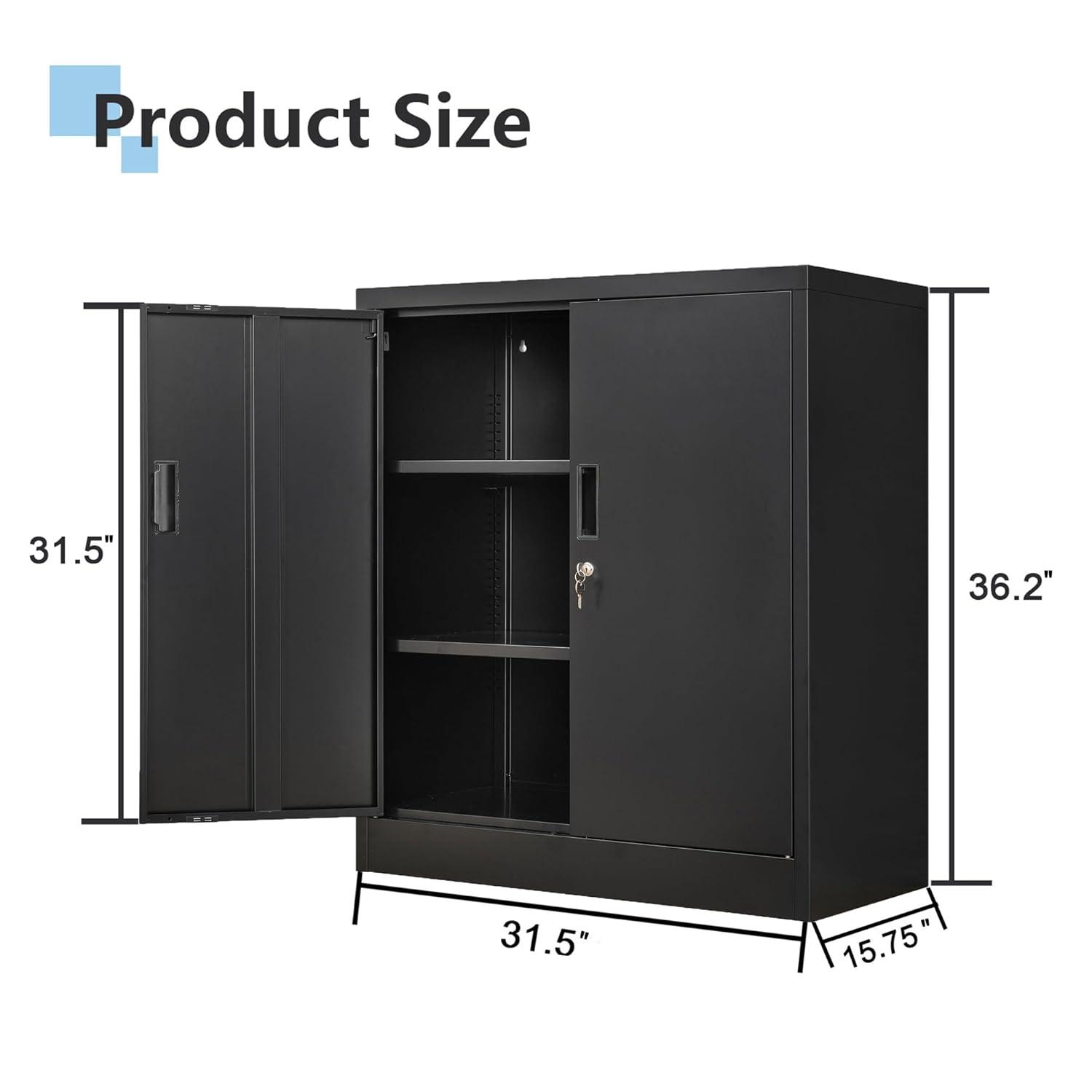 Metal Storage Cabinet, 36" H Locking Storage Cabinet with Adjustable Shelves, Steel Storage Cabinet for Garage, Home, Office, Utility Room-Black