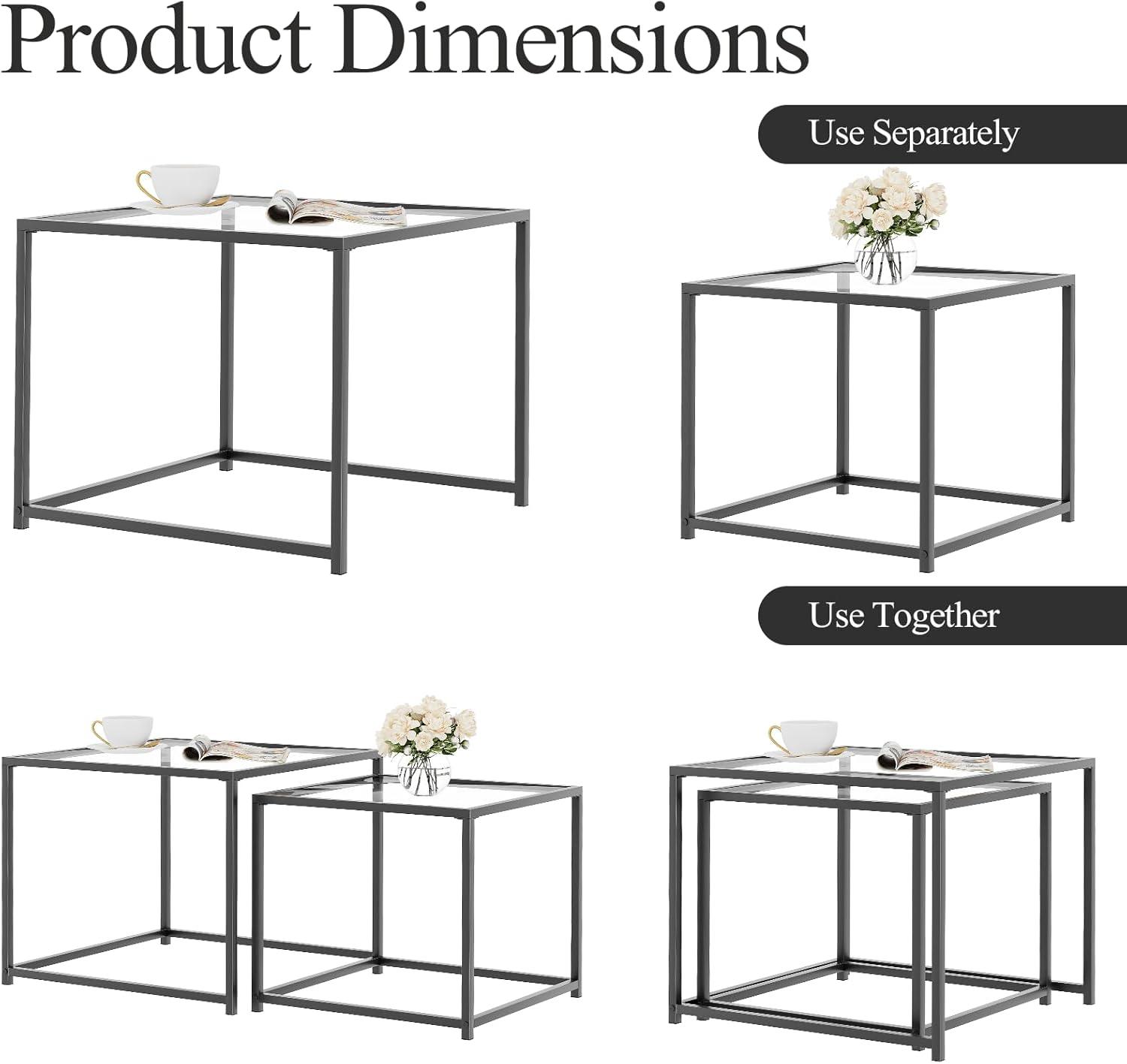 VILAWLENCE Coffee Table Set of 2, Modern Black Patterned Glass Side Table, Metal Frame Square End Table, Center Tables Nesting Coffee Table for Living Room,Bedroom and Small Spaces