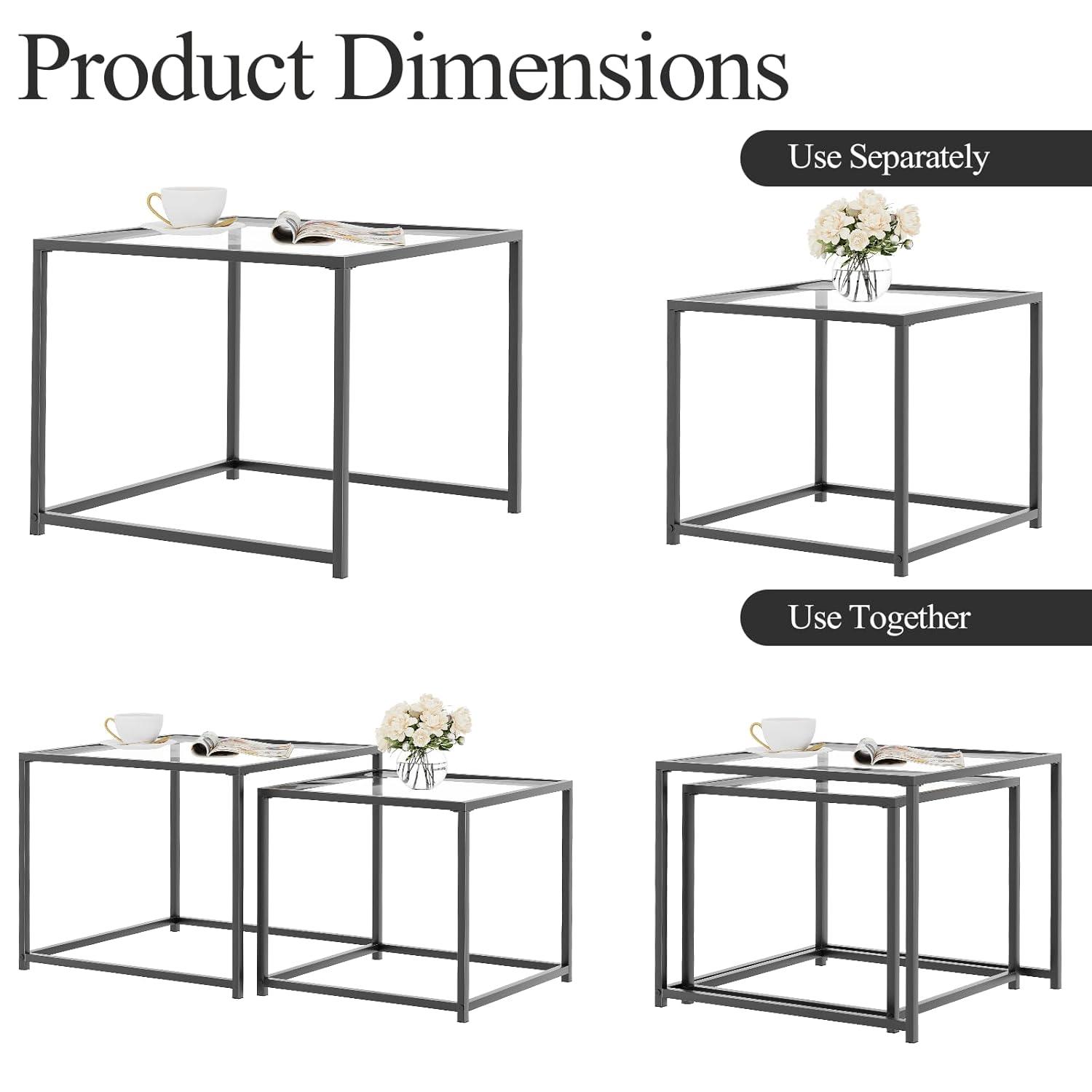 VILAWLENCE Coffee Table Set of 2, Modern Black Patterned Glass Side Table, Metal Frame Square End Table, Center Tables Nesting Coffee Table for Living Room,Bedroom and Small Spaces