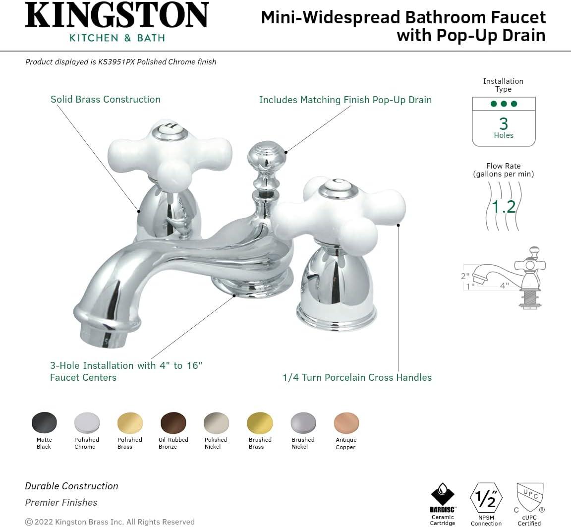 Restoration Polished Chrome Mini-Widespread Bathroom Faucet with Porcelain Cross Handle