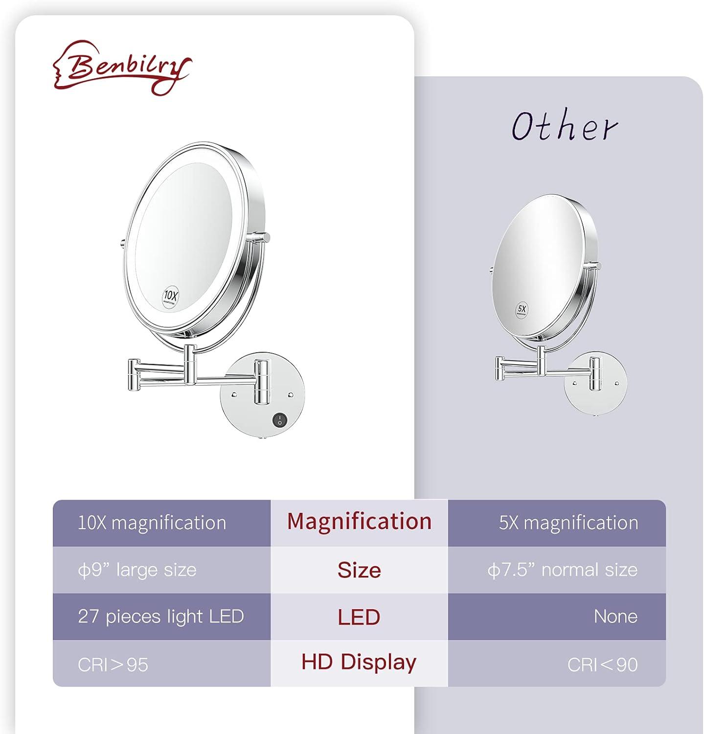 Benbilry 9" Large Size Wall Mounted Makeup Vanity Mirror, 1X/10X Magnifying Double Sided Shaving Mirror for Bathroom, 360° Swivel Extendable Arm Nickel Finish