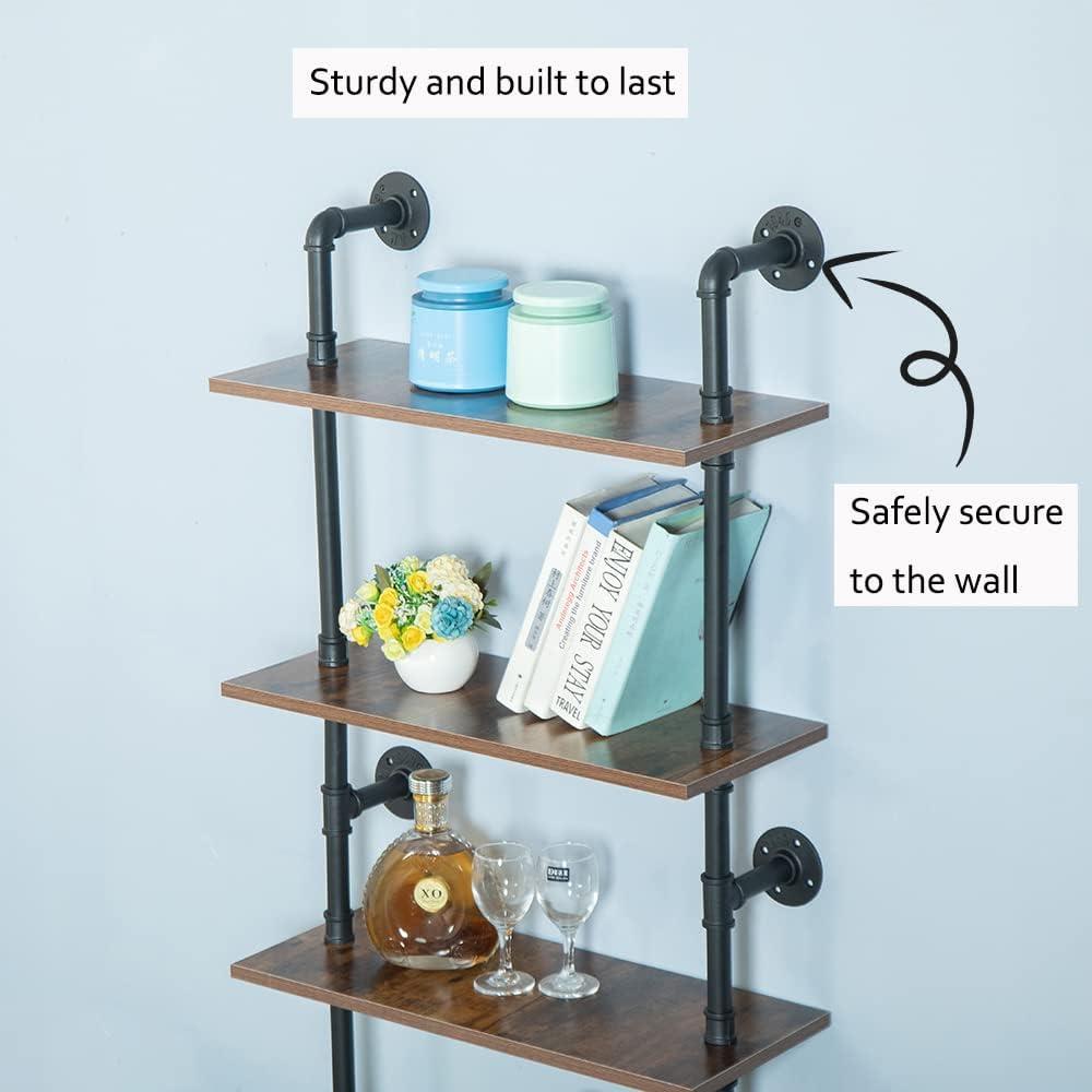 5 Shelf Industrial Pipe Shelving, Black Modern Bookcase Bookshelf, Wall Mount Ladder Shelf with Metal Frame Display Selves