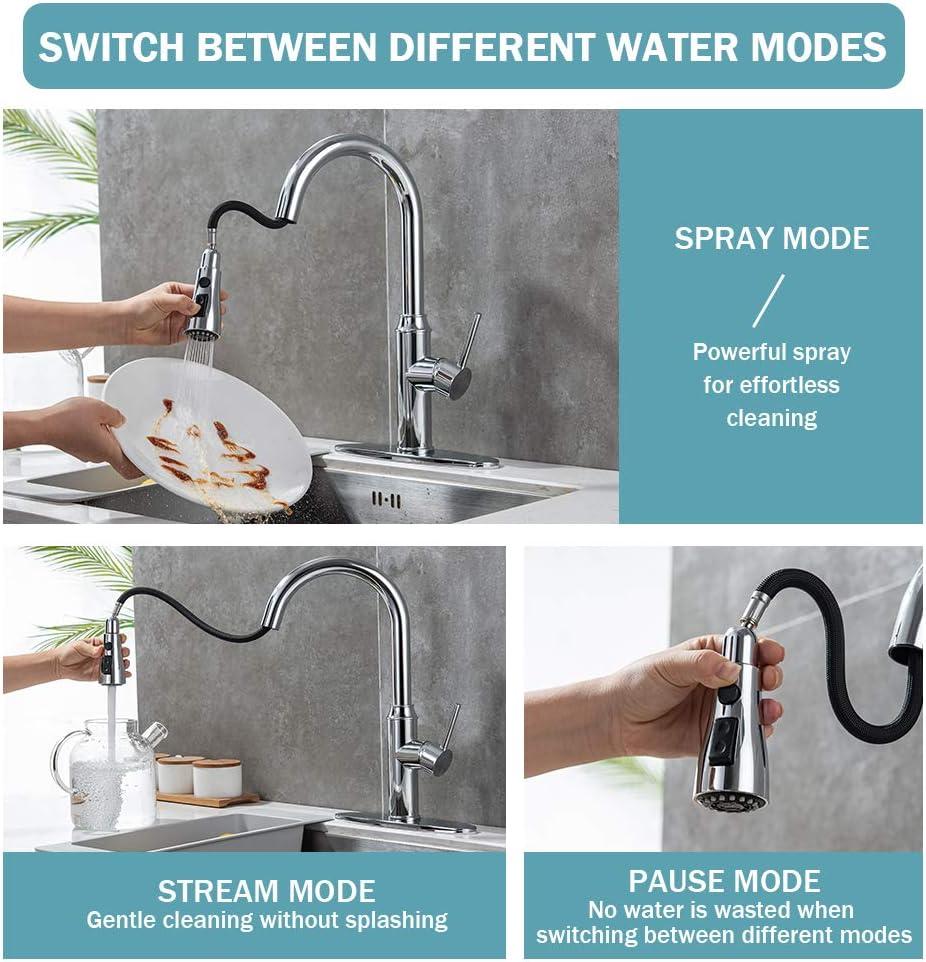 Single Handle Pull Down Sprayer Kitchen Faucet High Arc Stainless Steel Faucet with 3-Function Sprayer