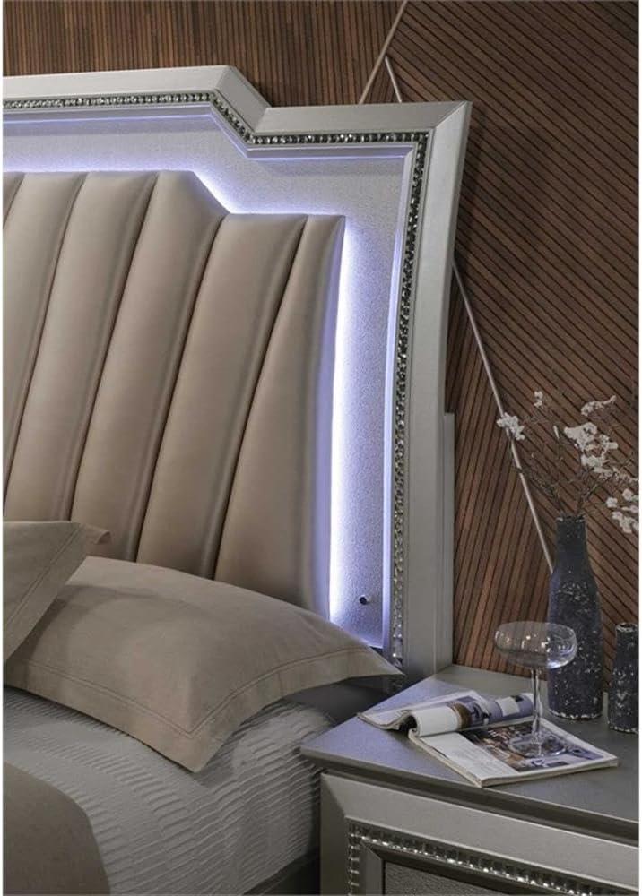 Queen Kaitlyn Bed with LED Headboard Faux Leather/Champagne - Acme Furniture: Glam Style, Storage Drawers, No Box Spring Needed