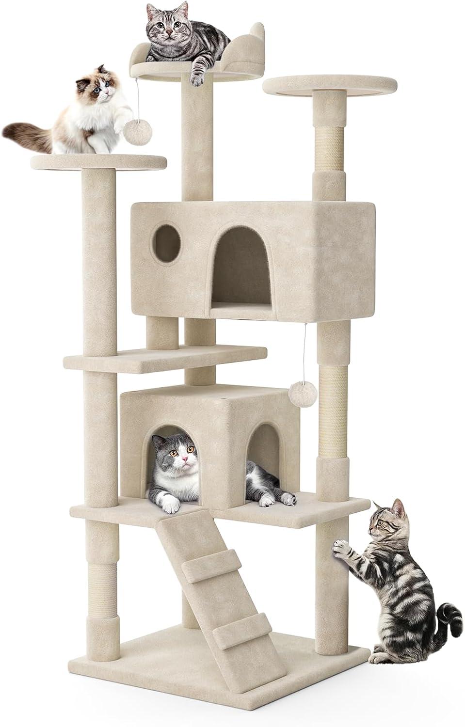 MoNiBloom Cat Tree Houses for Indoors, Multi-Level Cat Tree Tower, 70" Height（Beige）