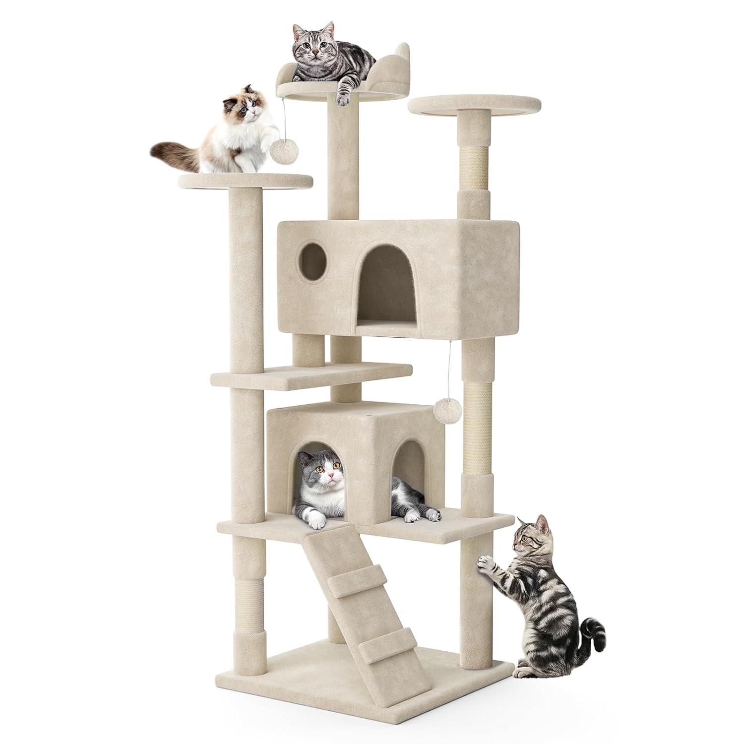 MoNiBloom Cat Tree Houses for Indoors, Multi-Level Cat Tree Tower, 70" Height（Beige）