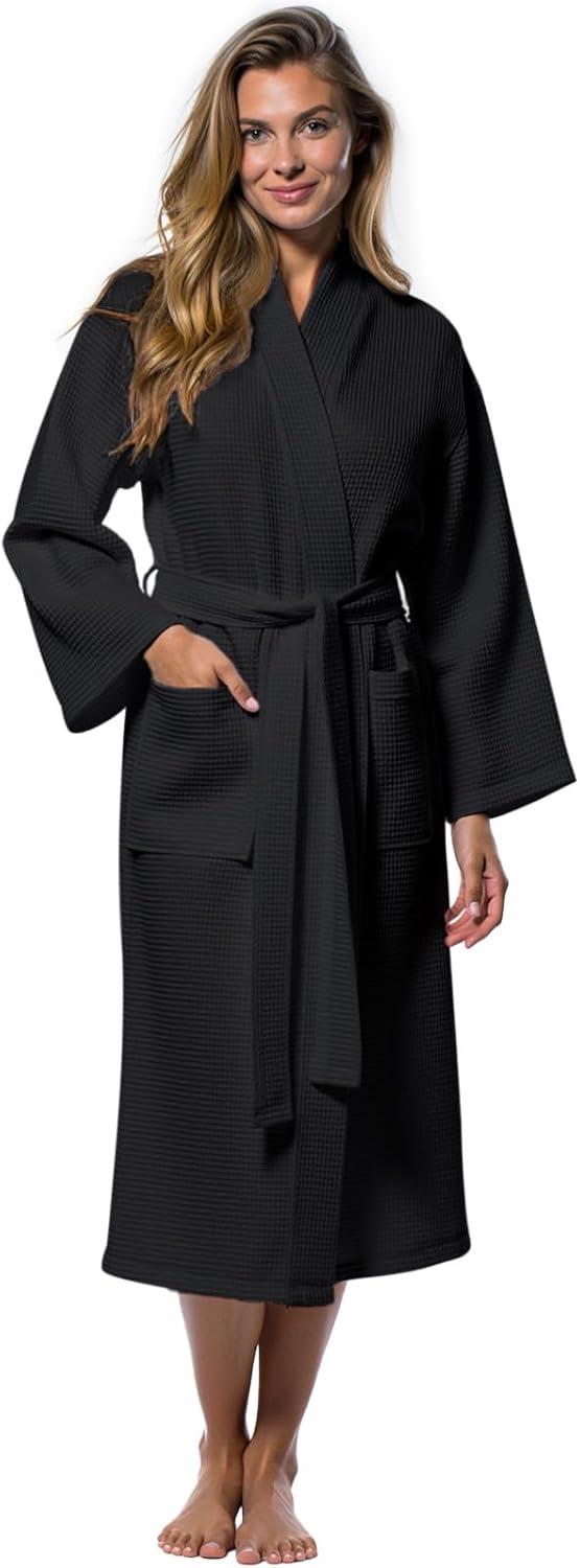 Turquaz Linen Lightweight Long Waffle Kimono Unisex Spa Robe (One Size, Black)