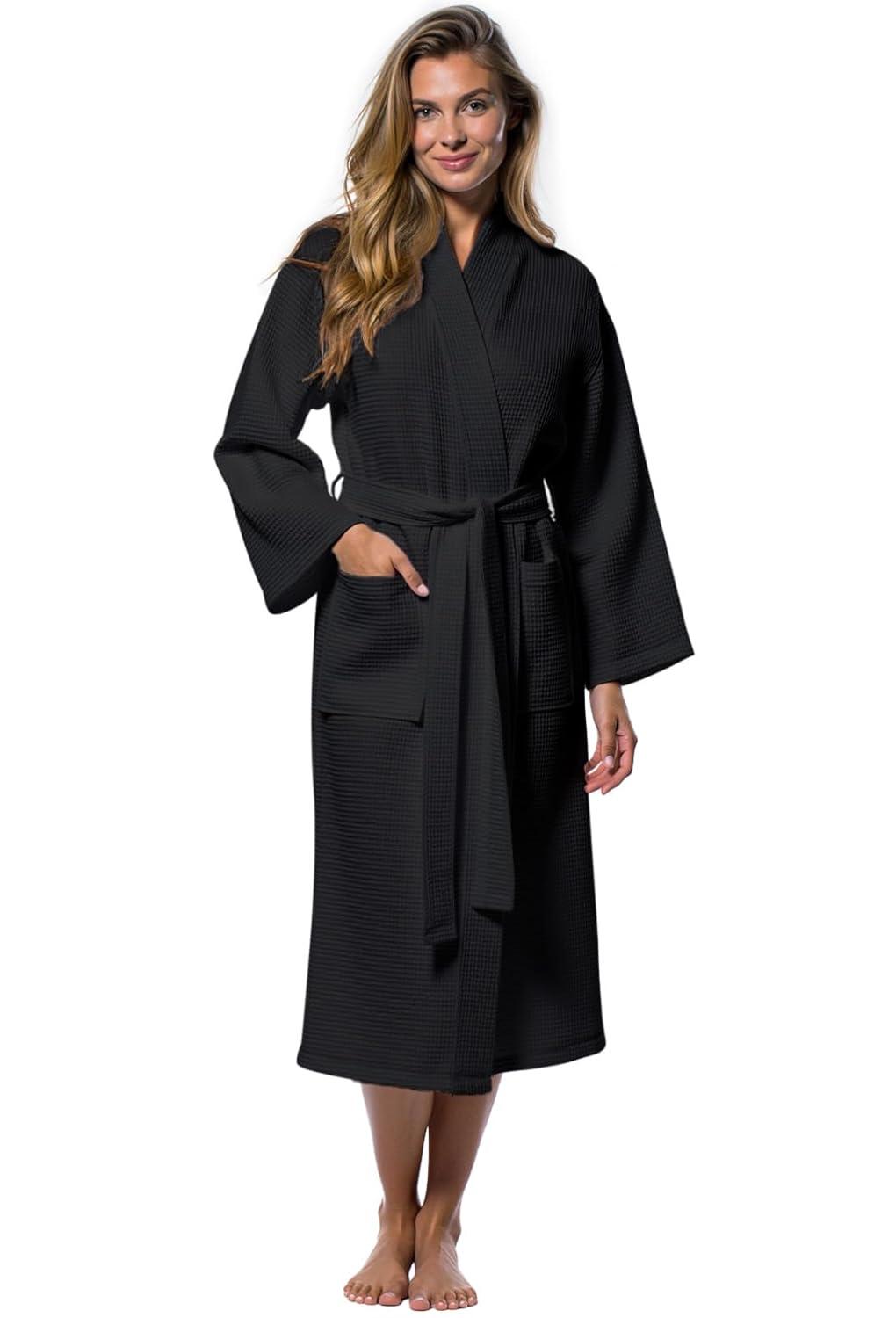 Turquaz Linen Lightweight Long Waffle Kimono Unisex Spa Robe (One Size, Black)