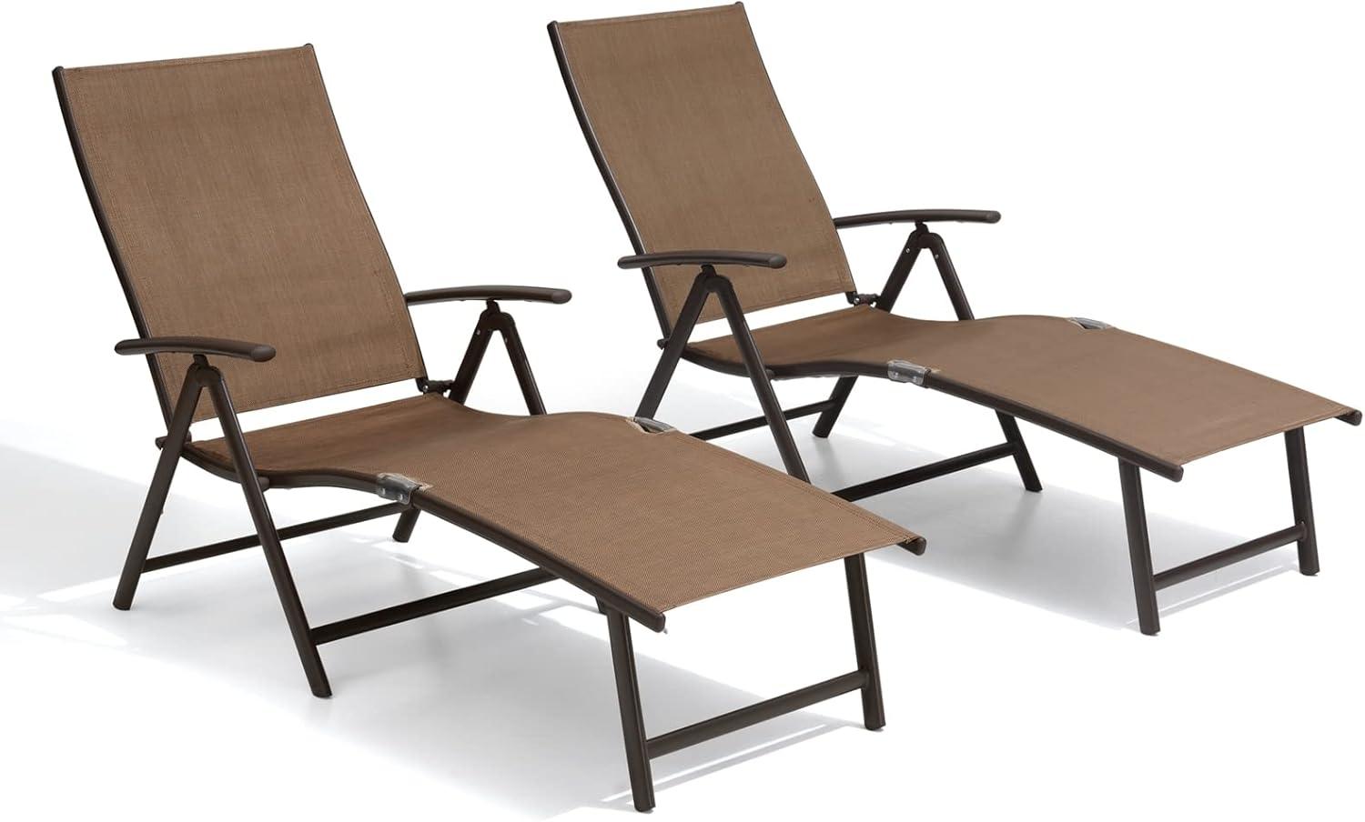 Crestlive Products  Outdoor Aluminum Folding Recliner Adjustable Chaise Lounge (Set of 2) - See Picture Brown Fabric, Brown Farme