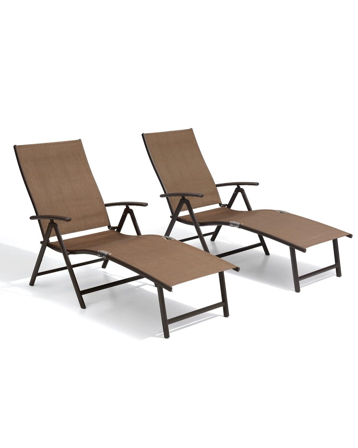 Crestlive Products  Outdoor Aluminum Folding Recliner Adjustable Chaise Lounge (Set of 2) - See Picture Brown Fabric, Brown Farme