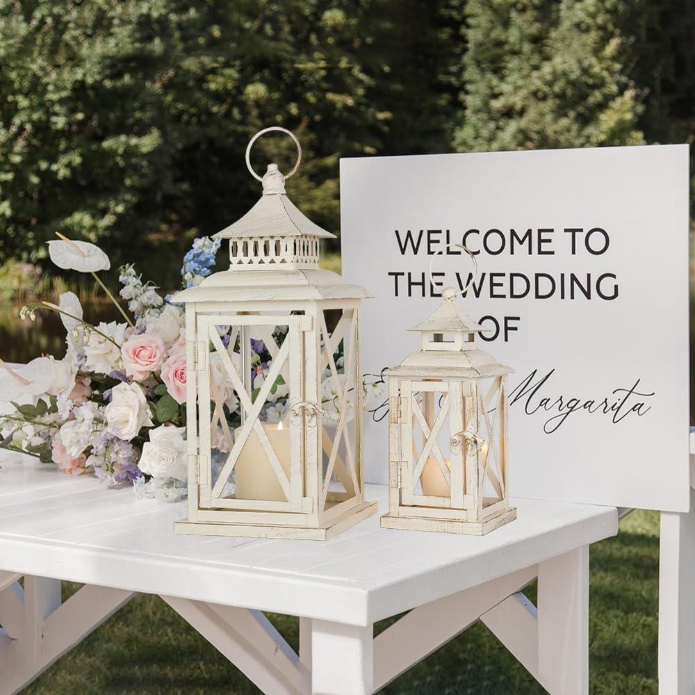 Lanterns Decorative Outdoor&Indoor, Set of 2 (14"&10") Beige Metal Lantern Decor with Glass, Candle Holder for Porch, Patio, Garden, Balcony, Wedding, Table Centerpiece