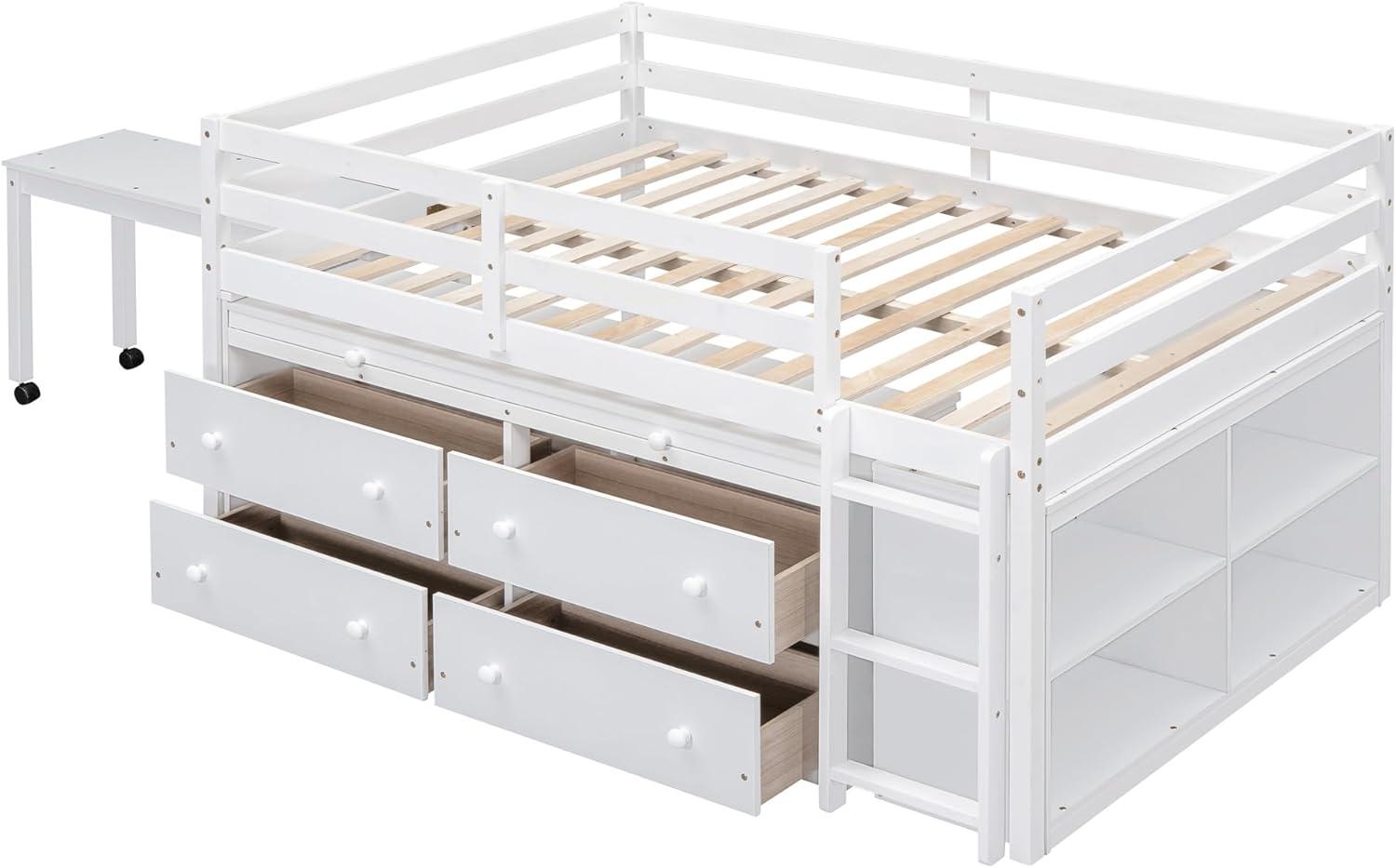 Full Size Low Loft Bed With Storage, Portable Desk & 4 Drawers, Wood Frame With Shelves, Modern Farmhouse Junior Loft for Kids Boys Girls, White