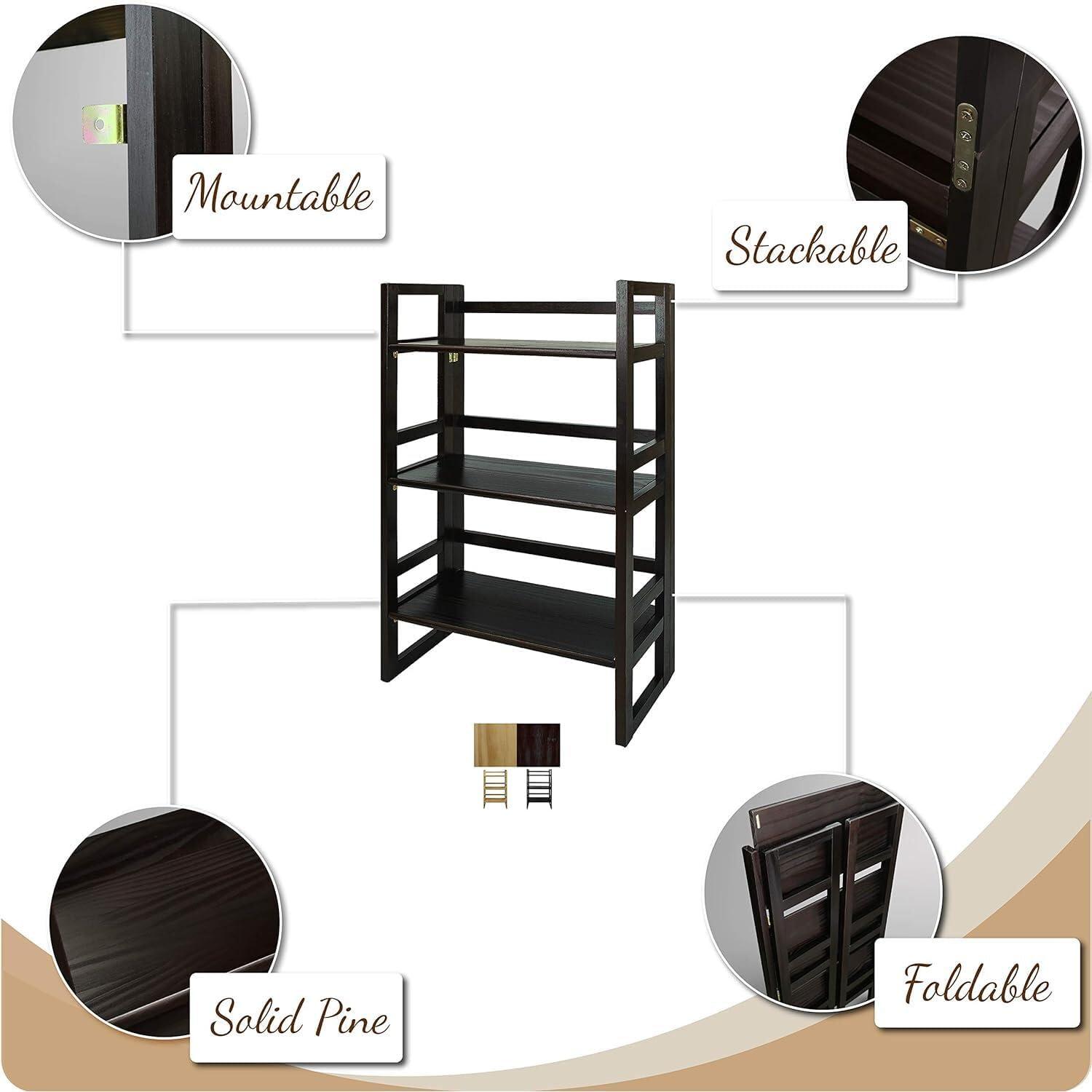 3-Shelf Folding Student Bookcase 20.75" Wide-Espresso