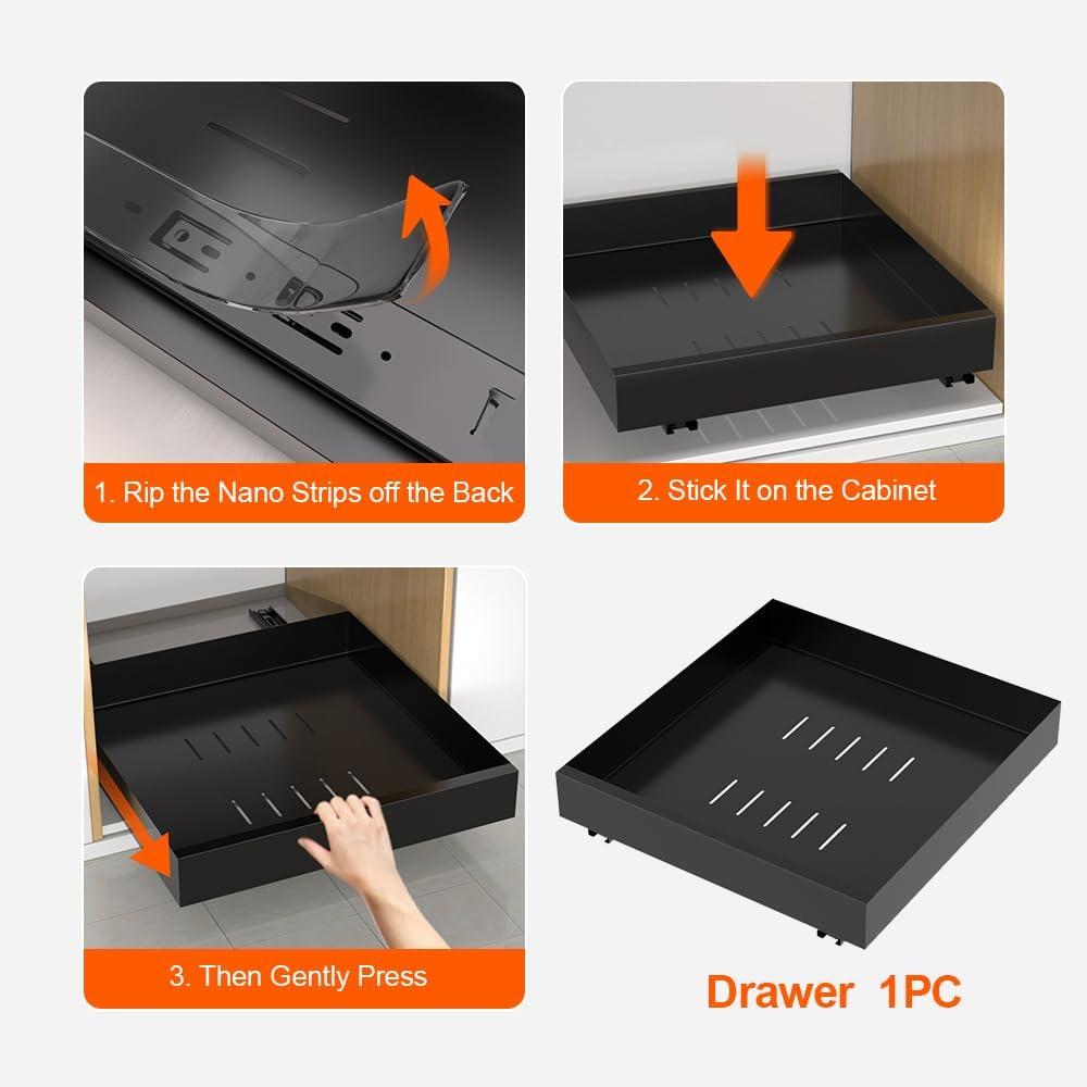 Pull Out Cabinet Organizer, Carbon Steel Cabinet Drawers Slide Out, Pantry Storage Shelves with Nano Adhesive Strip for Kitchen, Bathroom and Living Room 10.3" W X 17.0" D X 2.8H Grey