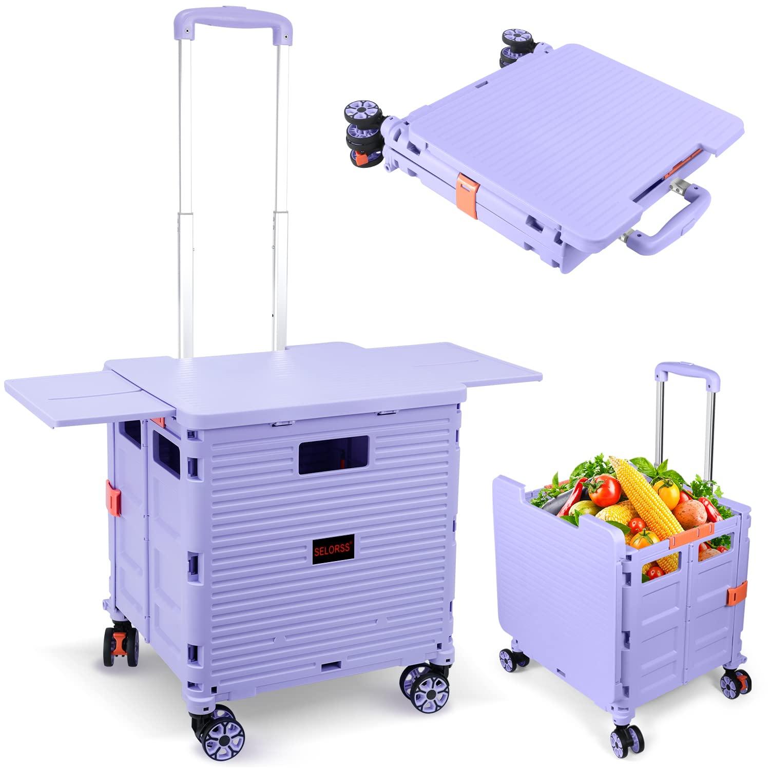 Folding Utility Cart Portable Rolling Crate Handcart with Magnetic Sliding Lid Telescoping Handle Heavy Duty Plastic Box Dolly 360Swivel Wheels for Travel Shopping Move Office Use(Purple Pro)