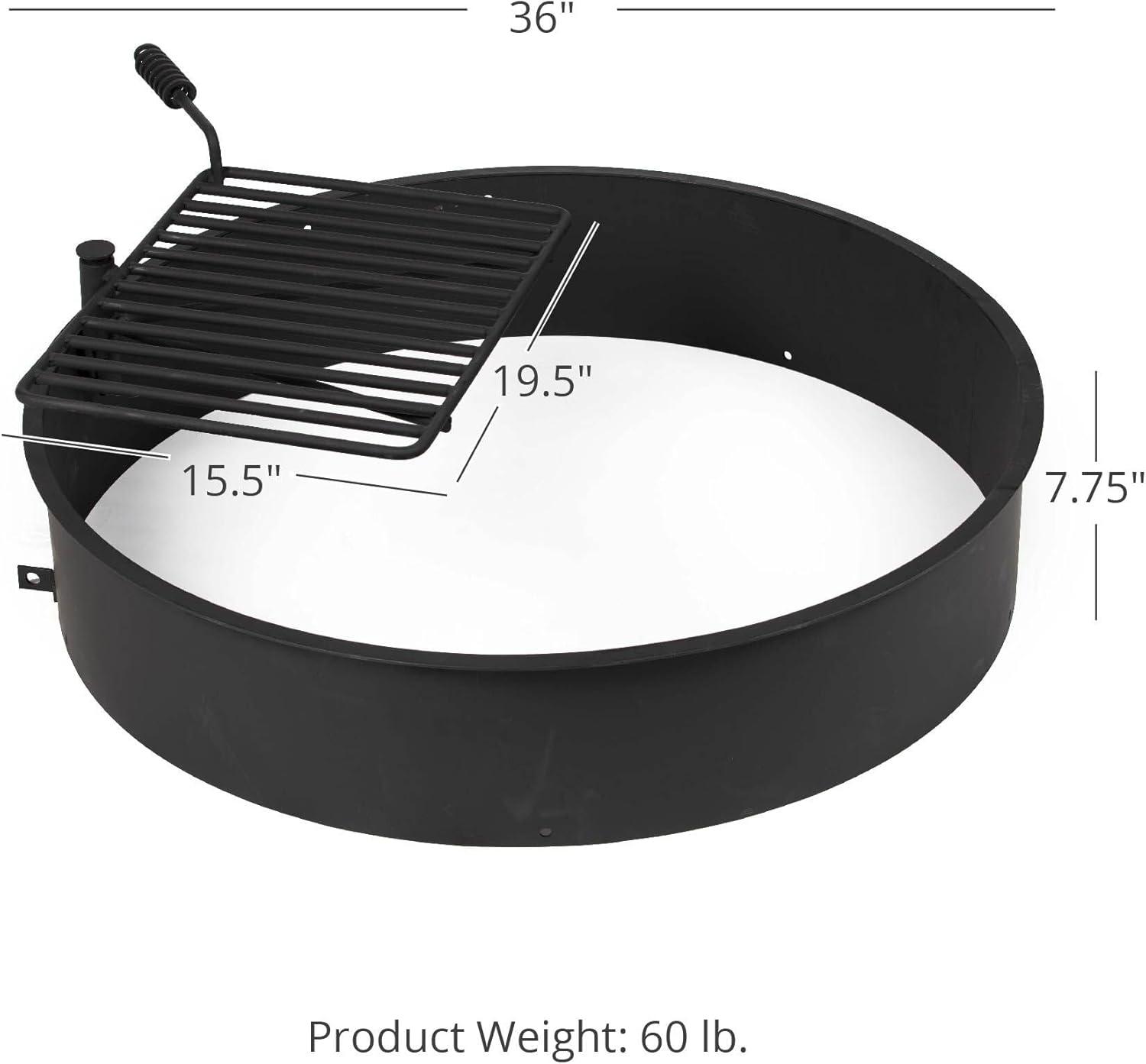 Ash & Ember 36" Steel Fire Ring with 15.5" x 19.5" Grate, Durable Fire Ring Liner with Anchor Pins, Outdoor Cooking Camping Steel Fire Ring Combo