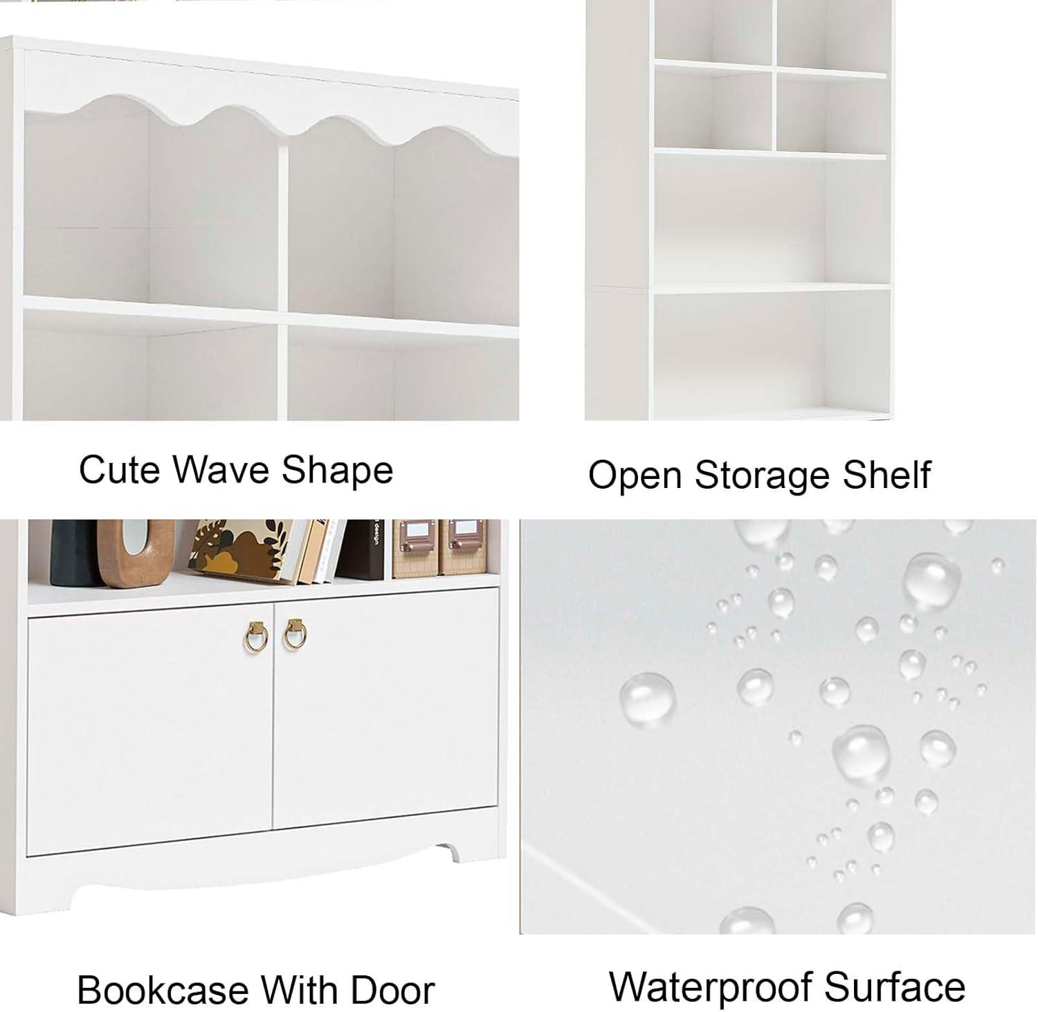 5-Tier White Bookcase, 63 Inch Tall Bookshelf with Open Storage Shelves & Doors, Modern Wooden Floor Standing Display Storage Shelves