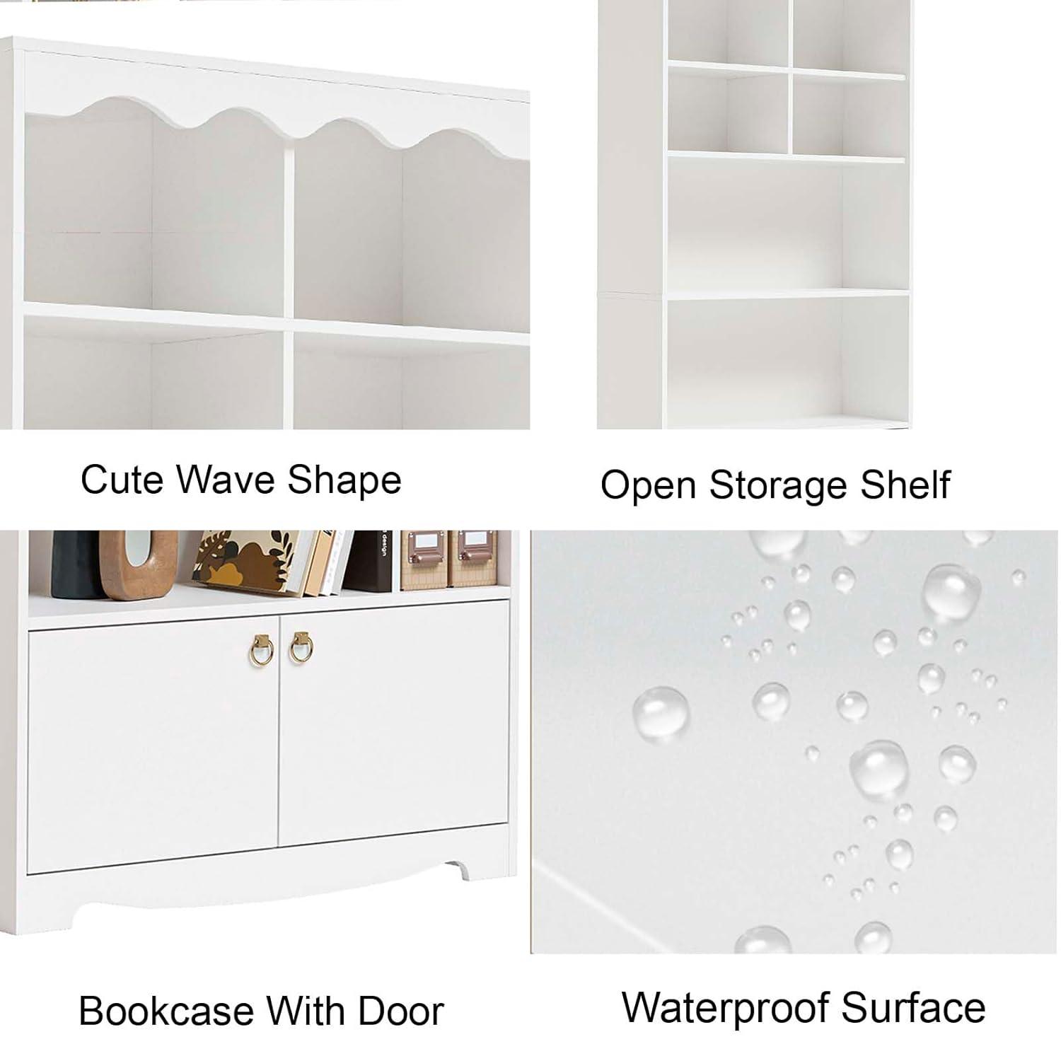 5-Tier White Bookcase, 63 Inch Tall Bookshelf with Open Storage Shelves & Doors, Modern Wooden Floor Standing Display Storage Shelves