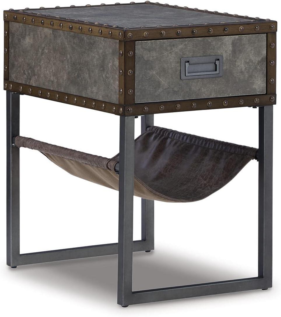 Modern Gray-Brown Chairside End Table with Metal Accents and Storage