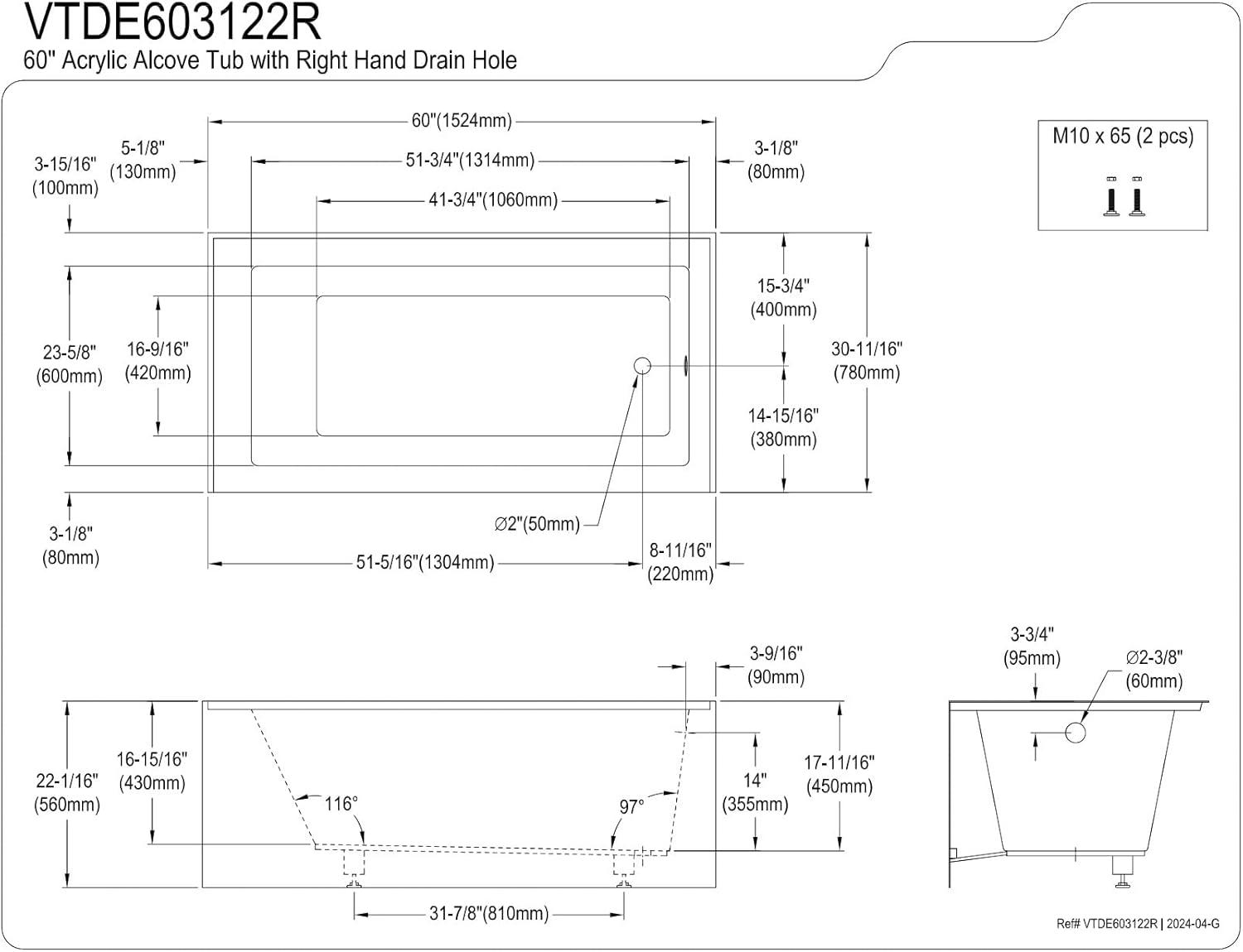 Kingston Brass Aqua Eden 60-Inch Acrylic Rectangular 3-Wall Alcove Tub