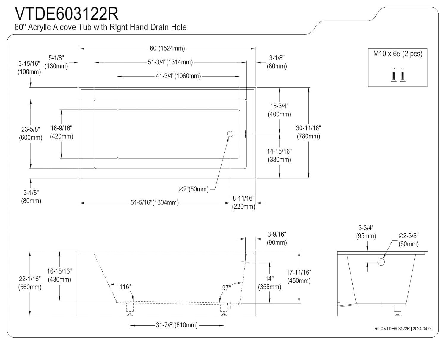 Kingston Brass Aqua Eden 60-Inch Acrylic Rectangular 3-Wall Alcove Tub
