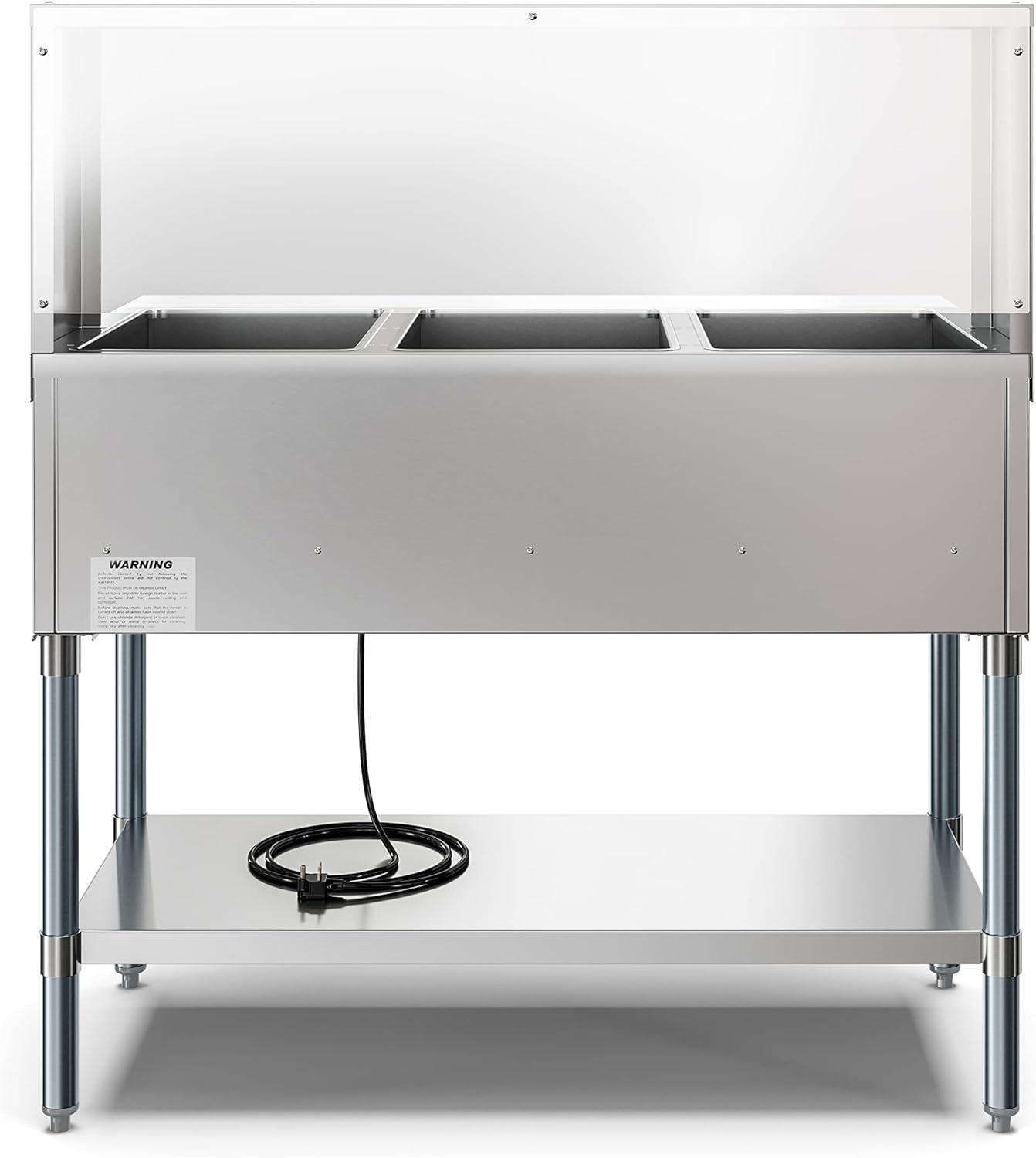 Five Pan Open Well Electric Steam Table with Undershelf and Sneeze-Guard, 240V, KM-OWS-5SG.