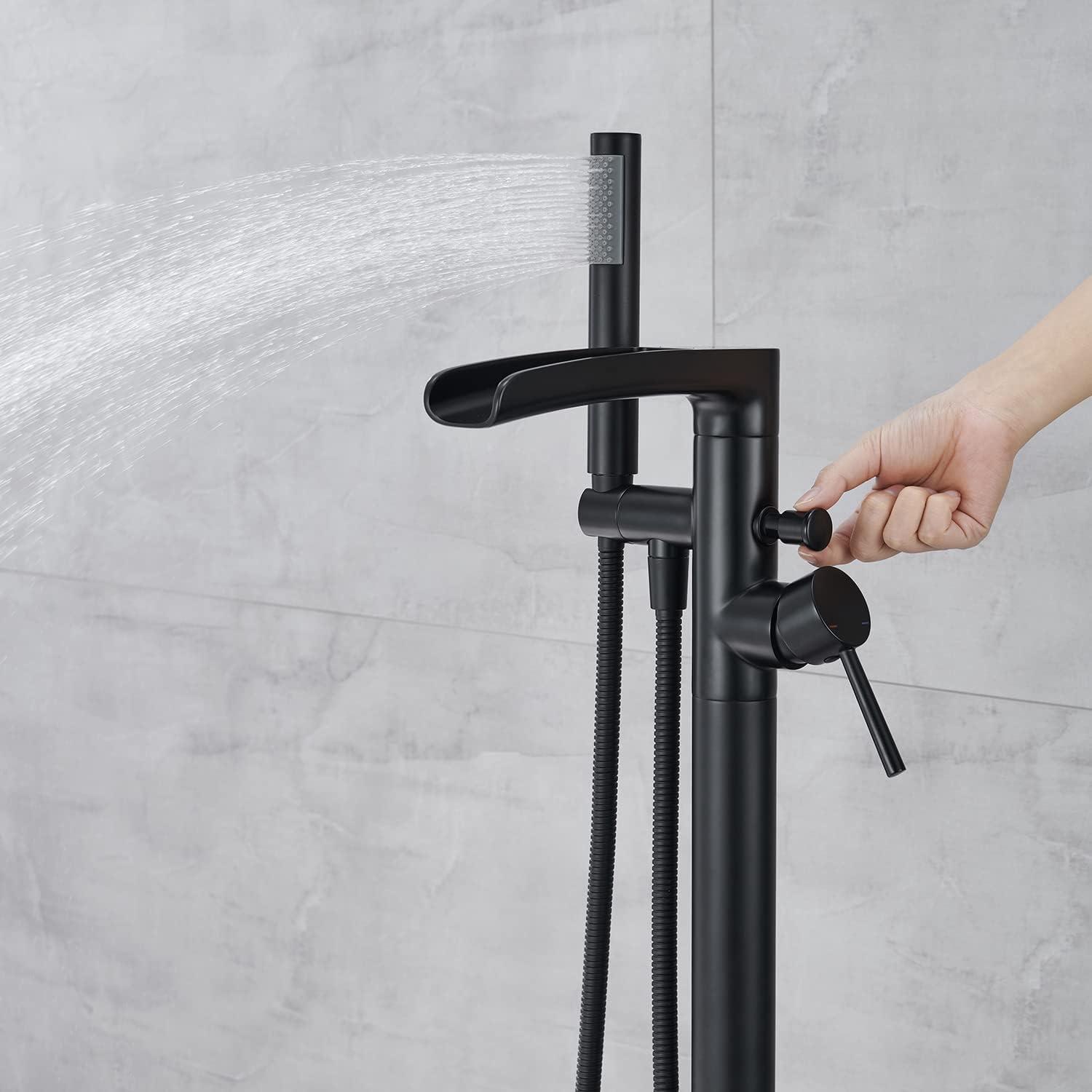 MOGFCT Waterfall Freestanding Bathtub Faucet Set Single Handle Floor Mount Tub Filler with Hand Shower ,Matte Black