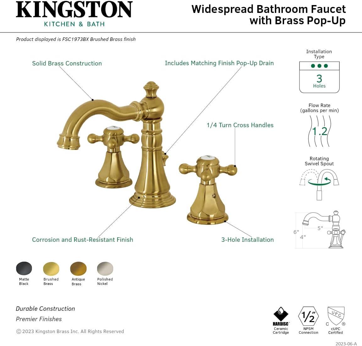 Kingston Brass Metropolitan Two-Handle 3-Hole Deck Mount Widespread Bathroom Faucet with Pop-Up Drain