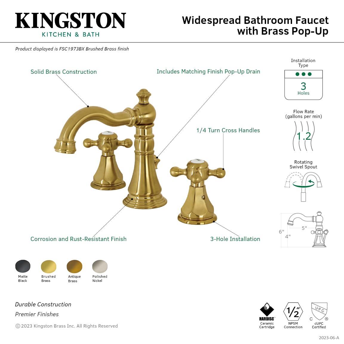 Kingston Brass Metropolitan Two-Handle 3-Hole Deck Mount Widespread Bathroom Faucet with Pop-Up Drain