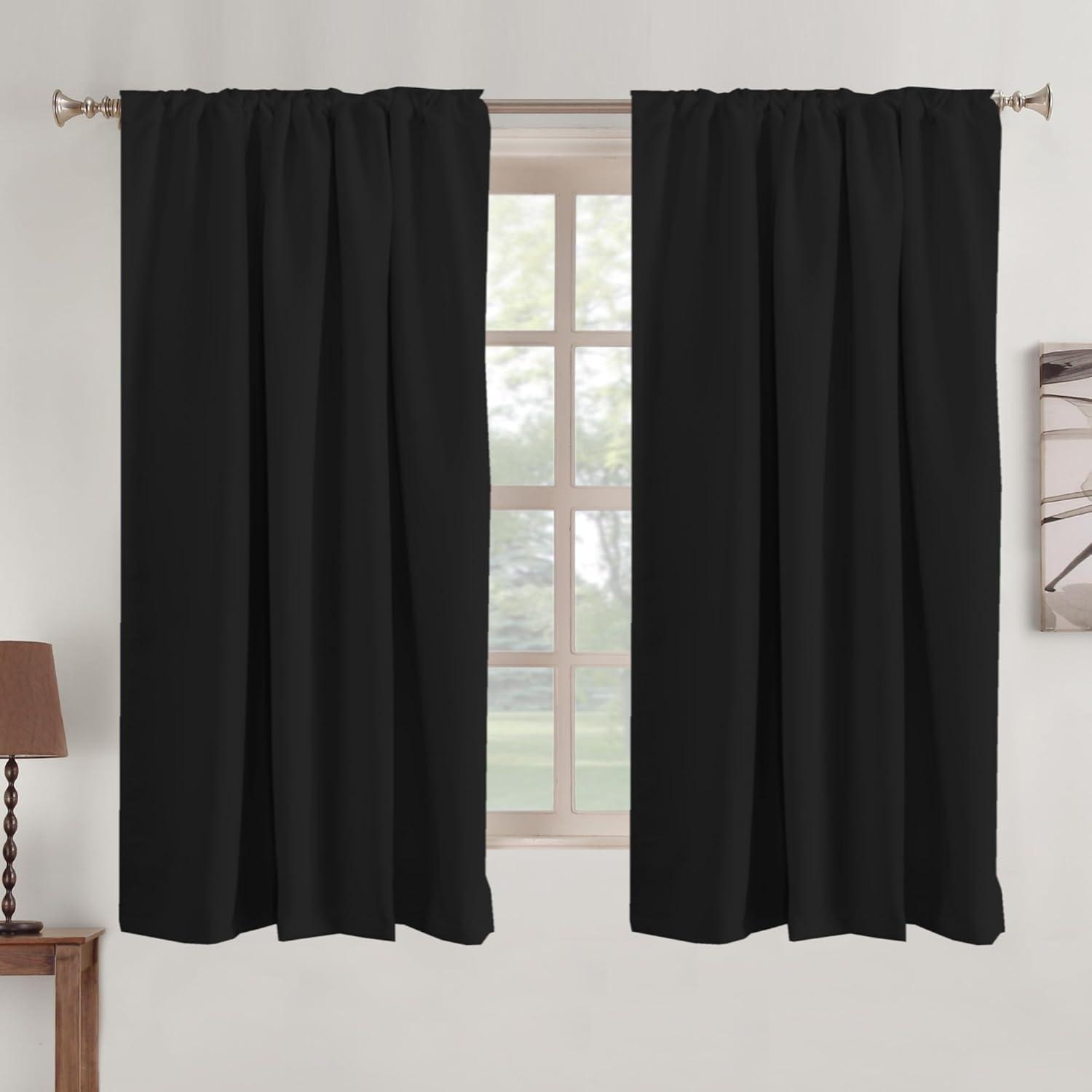 Coodeto Short Blackout Curtains Black, Set of 2, W52 x L63 - Blackout Curtains for Kitchen and Kids Bedroom