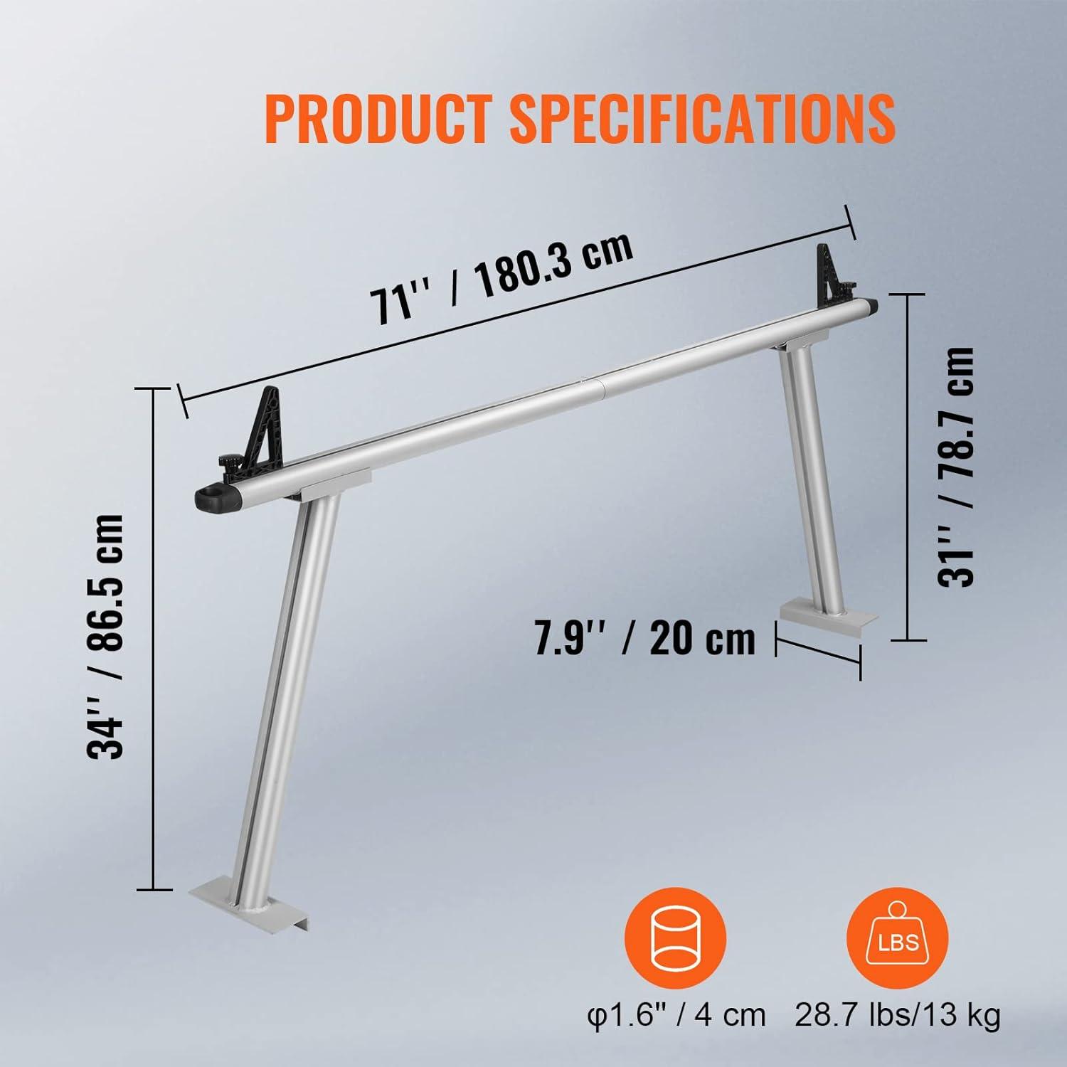 VEVOR Truck Rack, 800 lbs Capacity, 71" Aluminum Ladder Rack