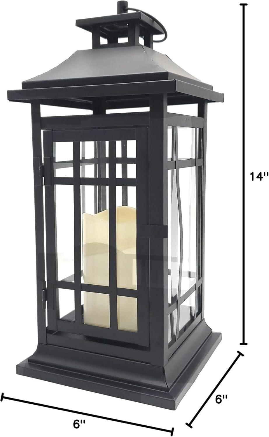 LumaBase Battery Operated Metal Lantern with LED Candle - Black Window (14 inches)