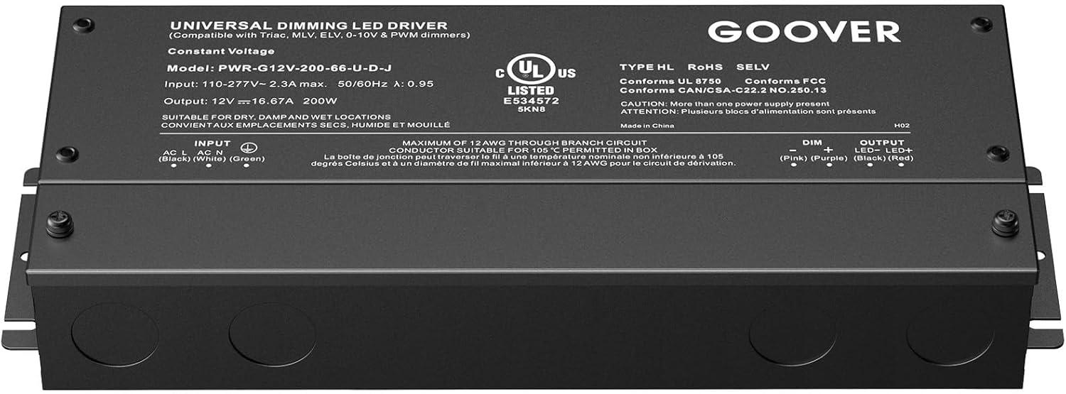 GOOVER 200W Dimmable LED Driver, 12V Triac Dimmable Power Supply, AC to DC Transformer for LED Light, Compatible with Lutron and Leviton Dimmer, Waterproof IP67 and UL Listed