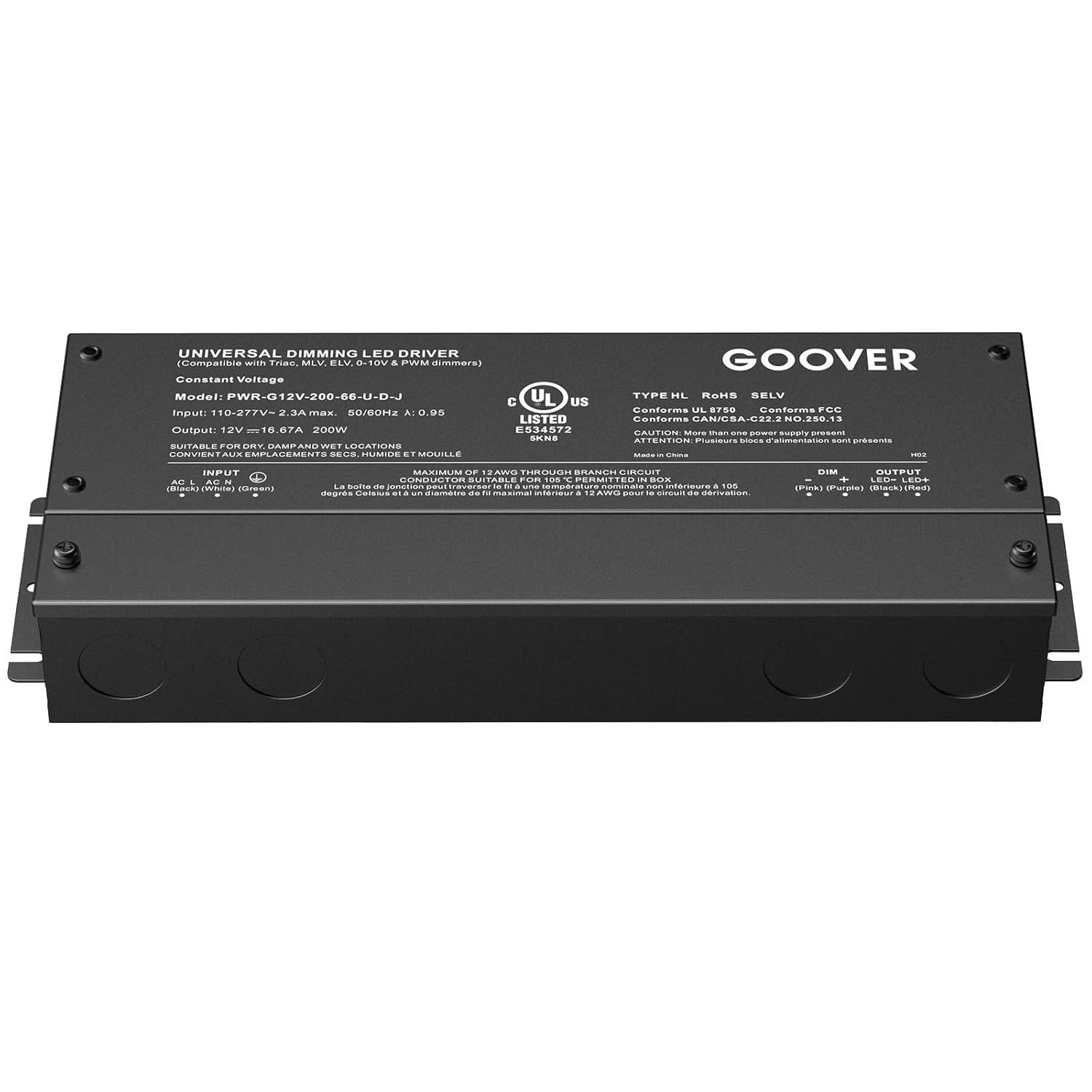 GOOVER 200W Dimmable LED Driver, 12V Triac Dimmable Power Supply, AC to DC Transformer for LED Light, Compatible with Lutron and Leviton Dimmer, Waterproof IP67 and UL Listed