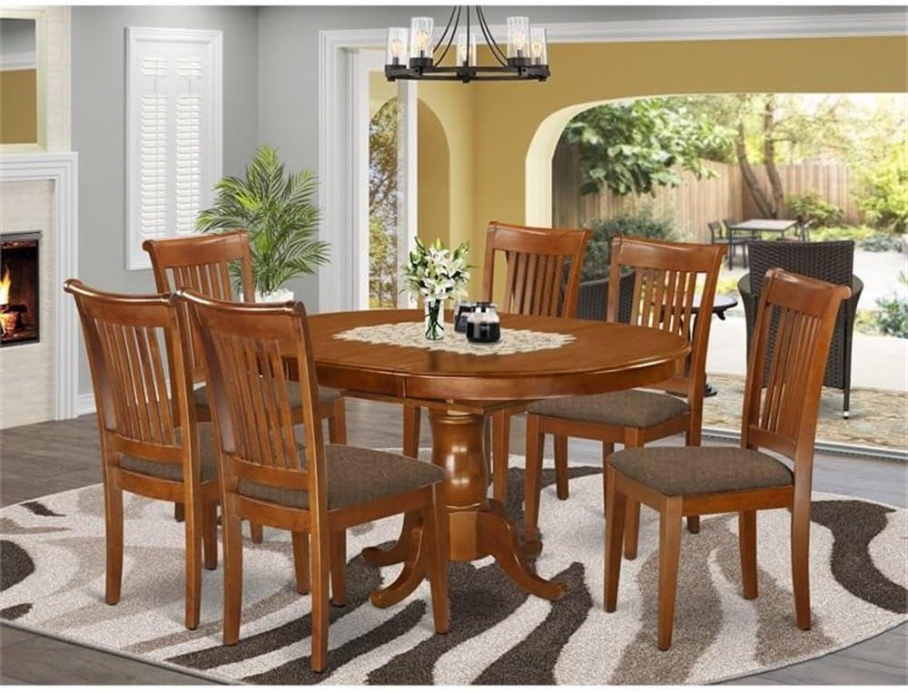 Saddle Brown Oval Dining Table Set with 6 Linen Chairs