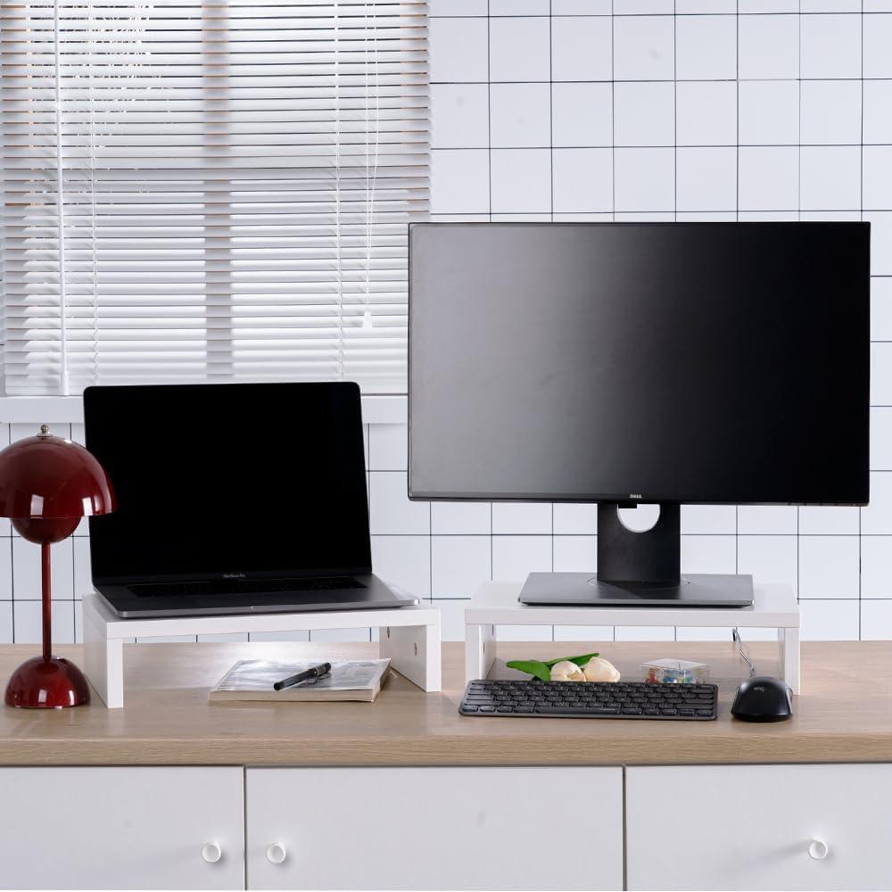 White MDF Dual Monitor Stand Riser Set