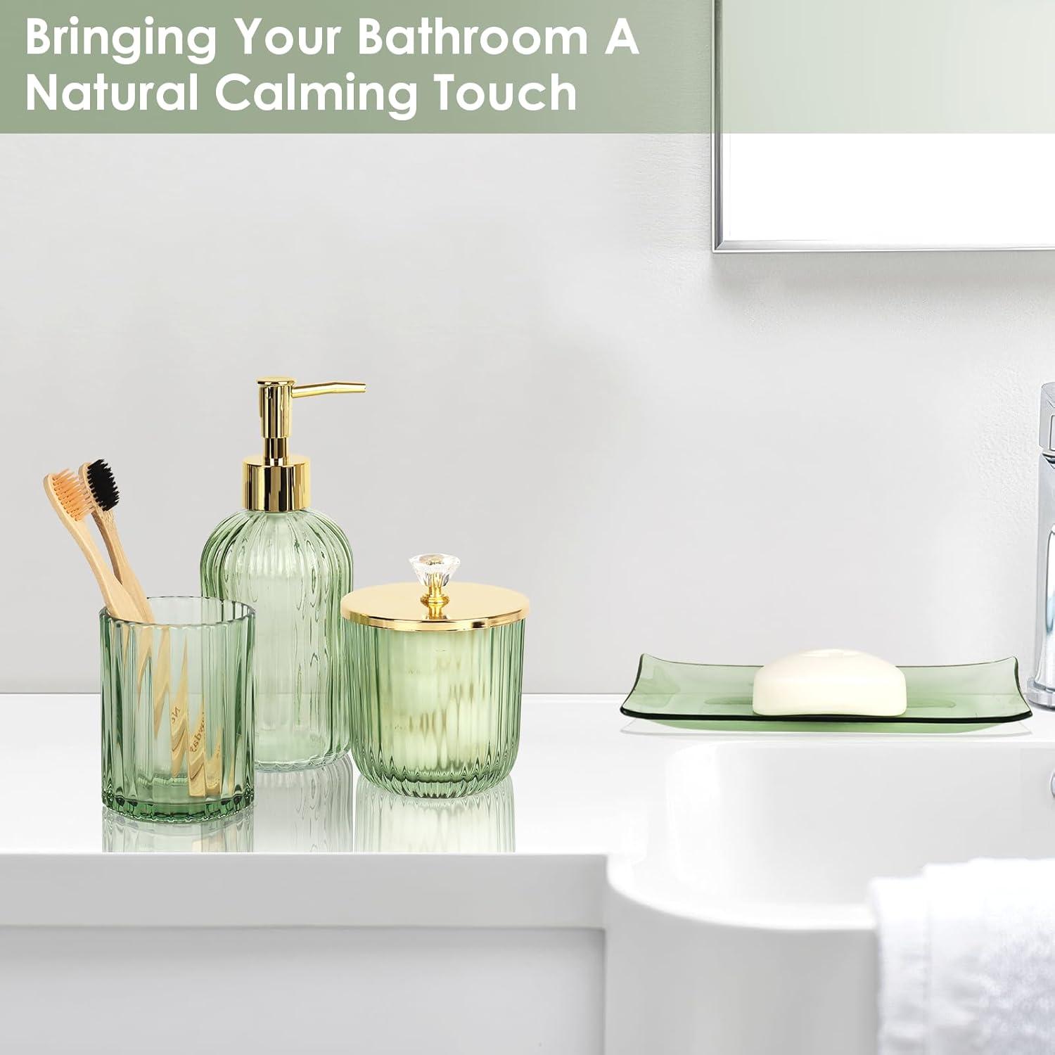 Green Glass Bathroom Accessories Set with Gold Accents, 4 Pieces