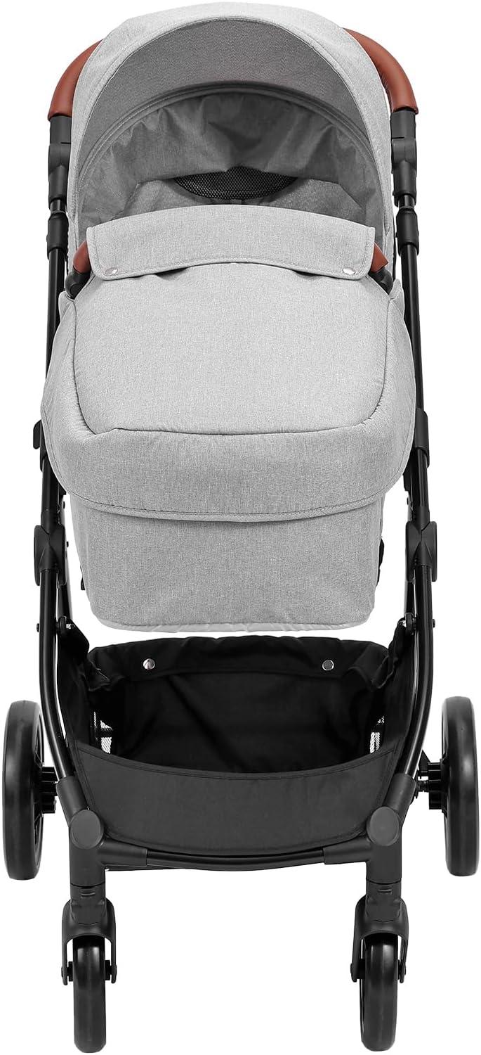 VEVOR Standard Baby Stroller, Infant Toddler Stroller with Bassinet, 3rd-Gear Adjustable Backrest & Foldable & Reversible Seat, Carbon Steel Newborn Stroller with Leg Cover and Mesh Net, Light Grey