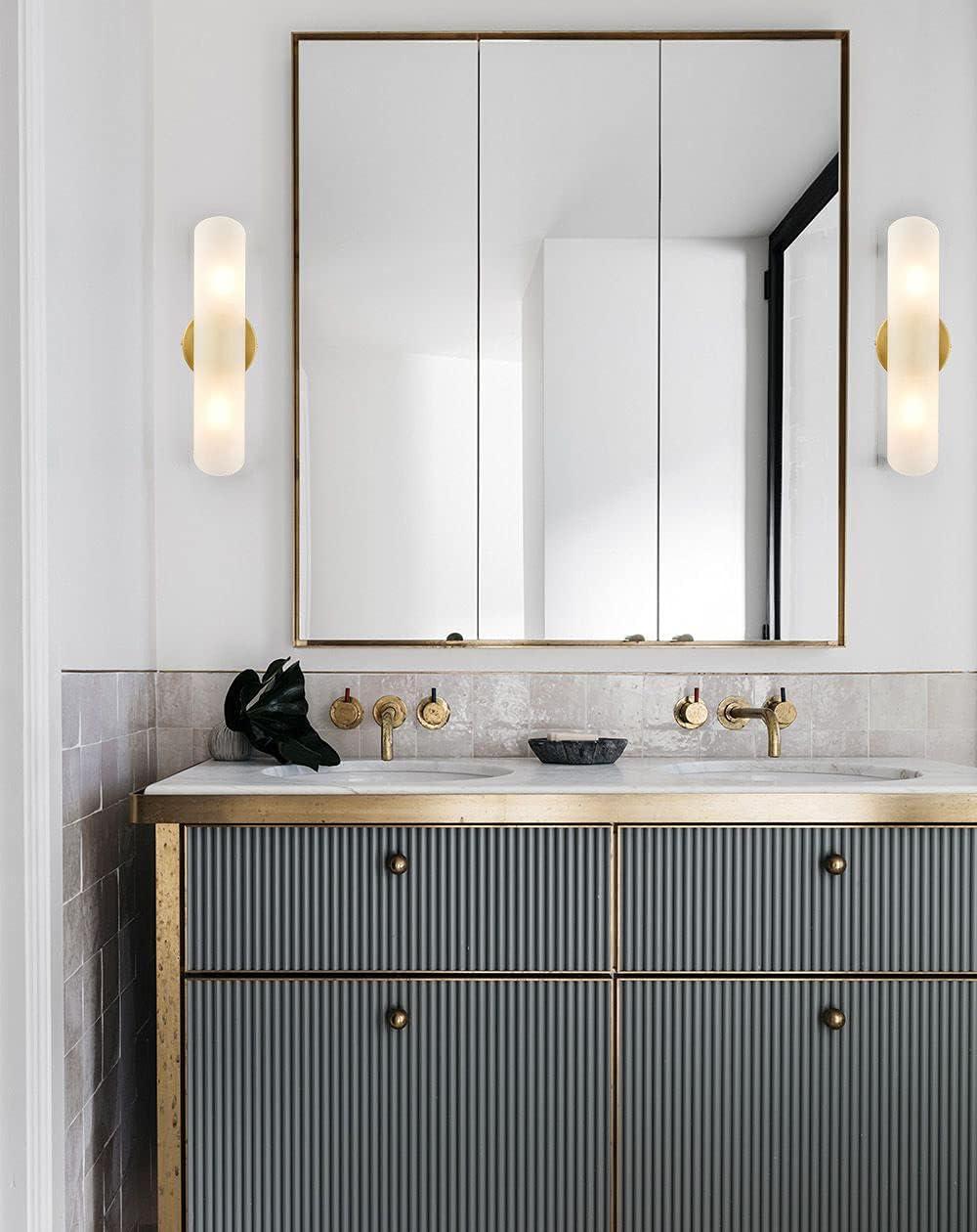 Modern Brass and Frosted Glass Cylinder Vanity Light Set