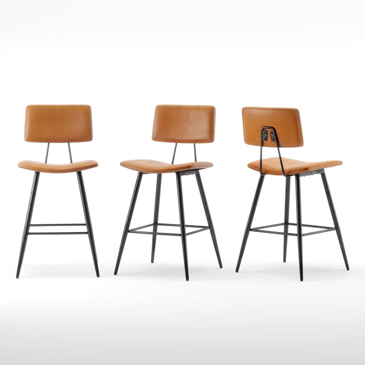 Dycanpo 24.5" Counter Height Bar Stools Set of 2, Faux Leather Upholstered Barstools, Brown