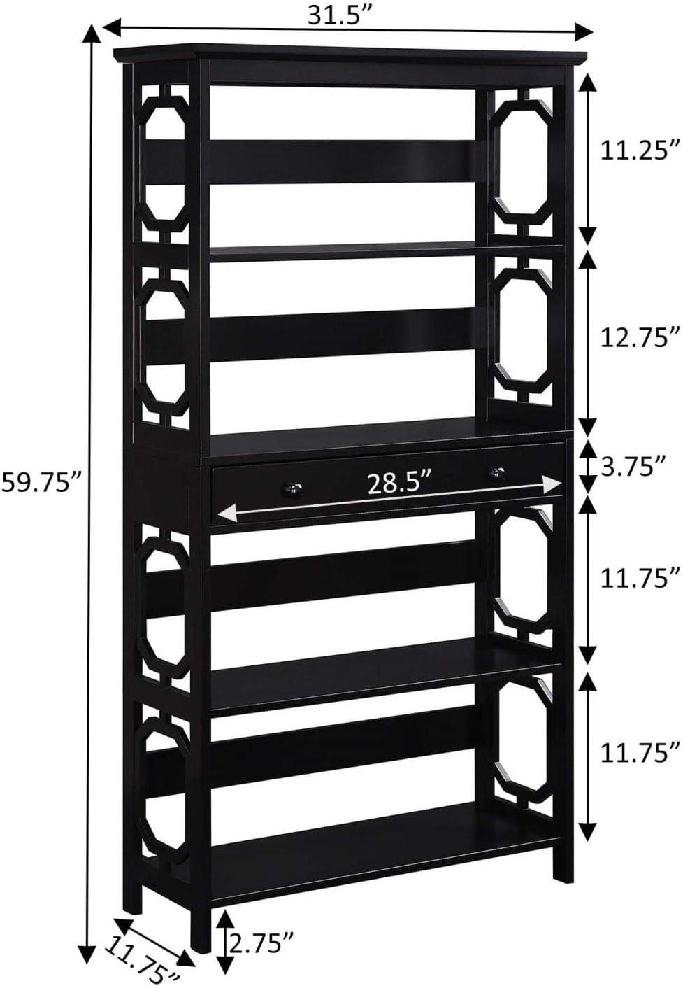 Black Wood 5-Tier Bookcase with Drawer