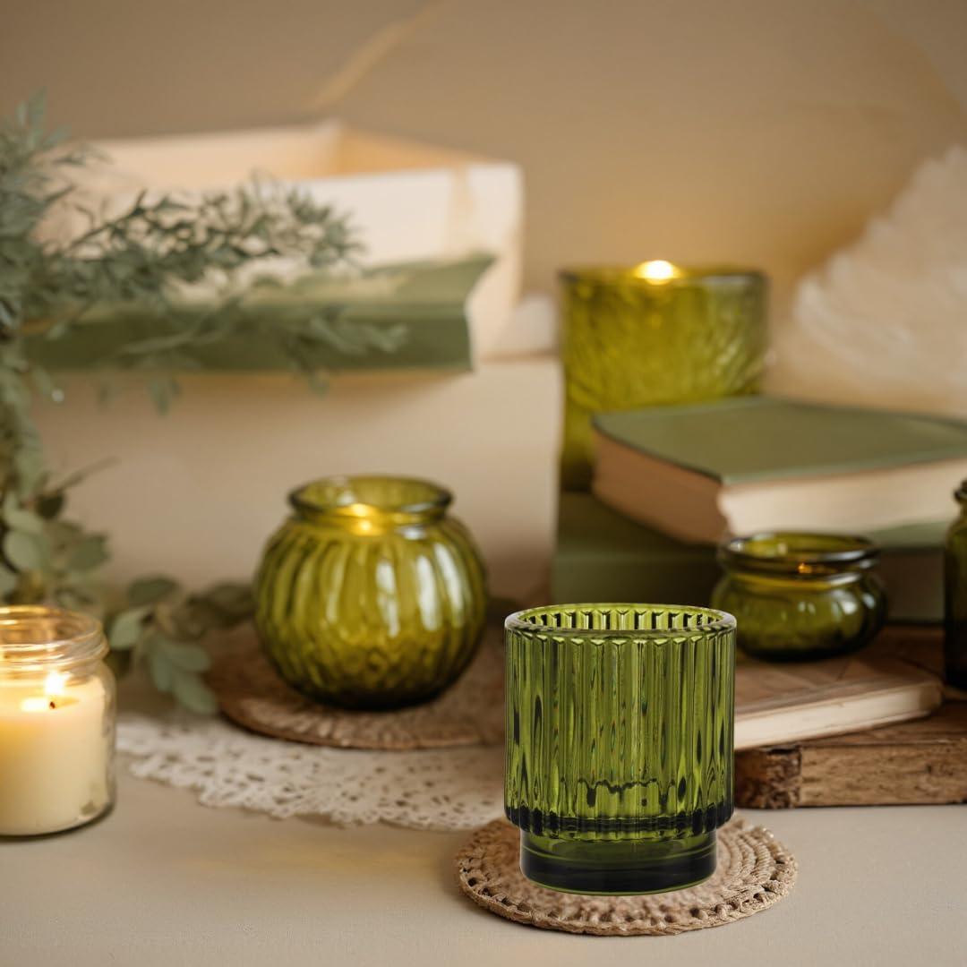 Koyal Wholesale Olive Green Ribbed Glass Votive Candle Holders - Aesthetic Decor & Candle Holders Table Décor, Pack of 6