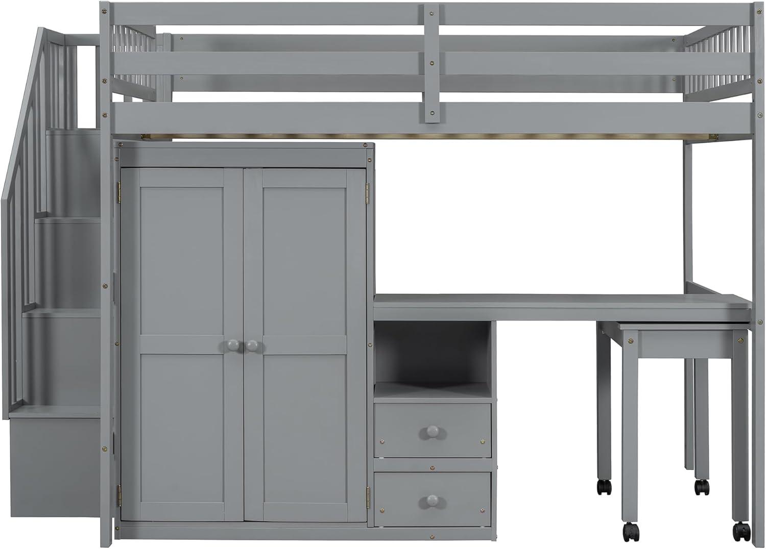 Harper & Bright Designs Full Size Loft Bed with Desk, Wood Full Loft Bed with Stairs, Bookshelf, Drawers & Wardrobe – Space-Saving Multifunctional Furniture, Gray