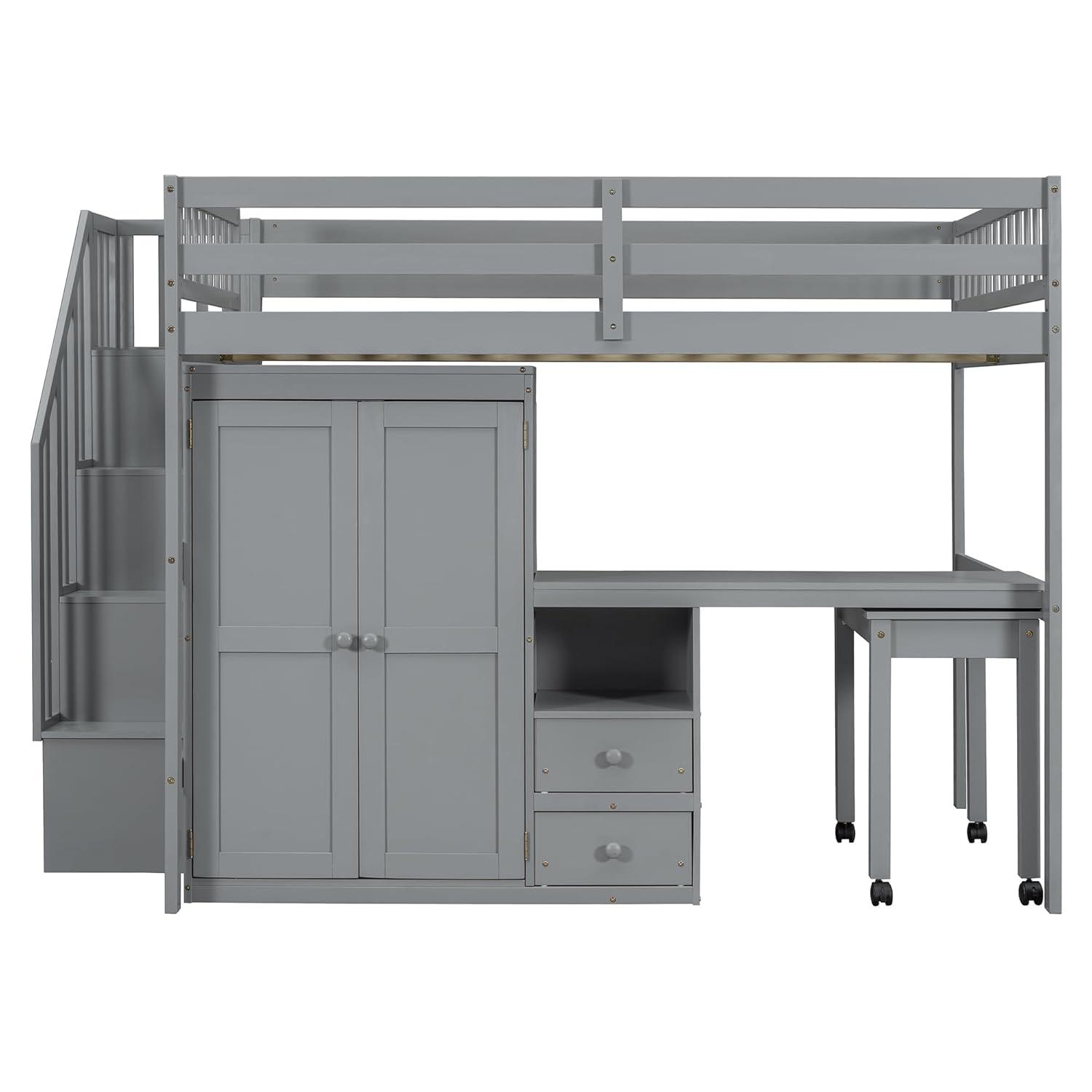 Harper & Bright Designs Full Size Loft Bed with Desk, Wood Full Loft Bed with Stairs, Bookshelf, Drawers & Wardrobe – Space-Saving Multifunctional Furniture, Gray