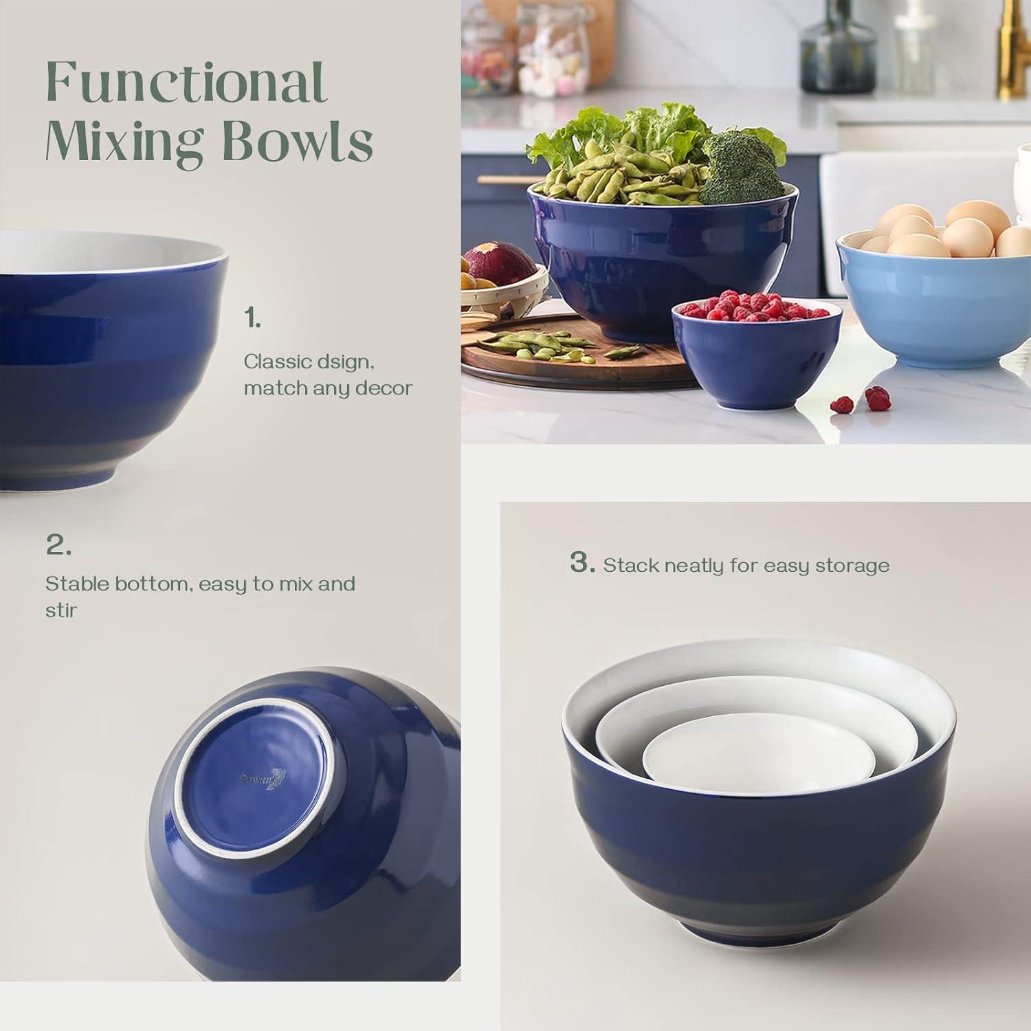 Blue Porcelain Round Nesting Mixing Bowl Set, 3-Piece